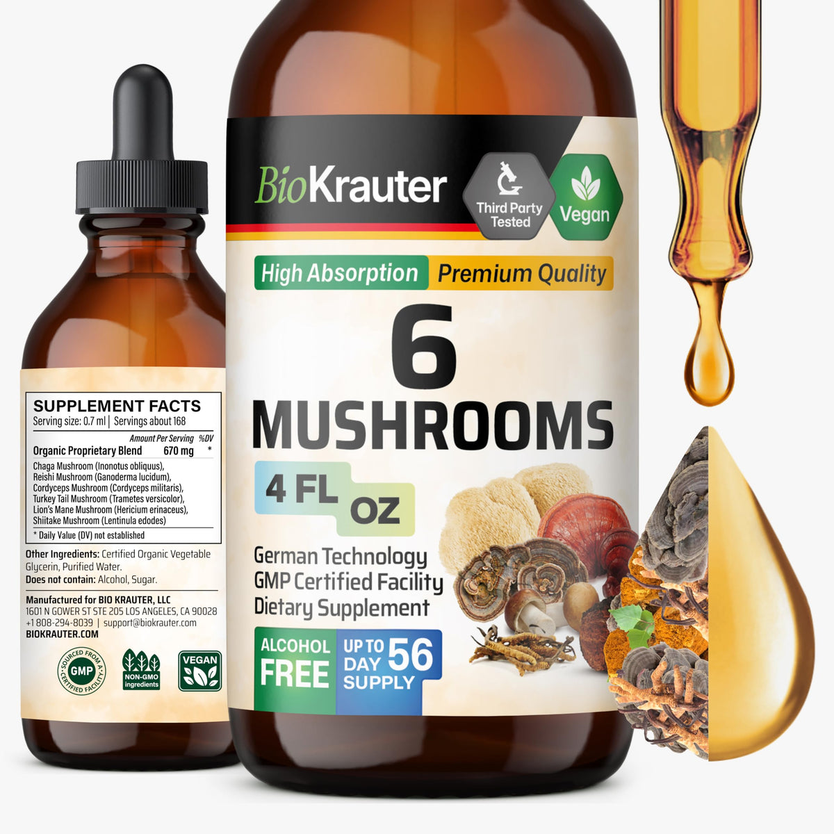 BIO KRAUTER 6 Mushrooms tincture bottle with dropper