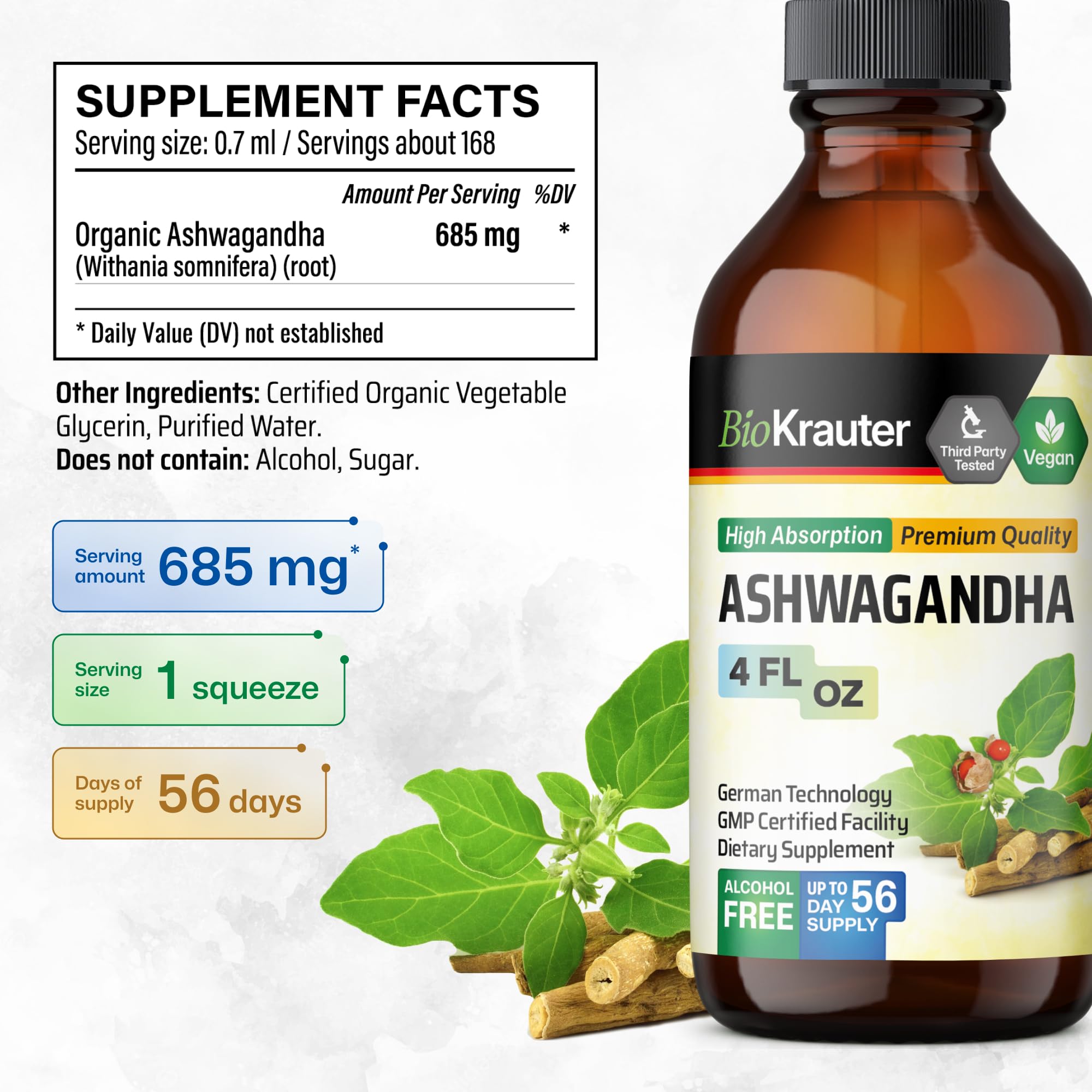 Ingredients: water, glycerin, ashwagandha root extract