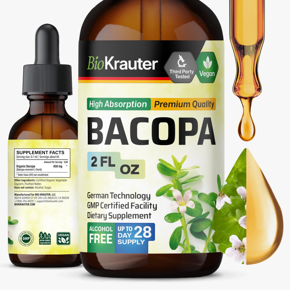 Bottle of BIO KRAUTER Bacopa Monnieri Drops (2 Fl Oz) with label
