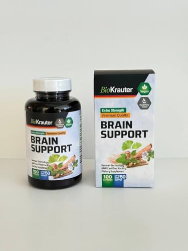 Close-up of BIO KRAUTER Brain Support bottle and capsules