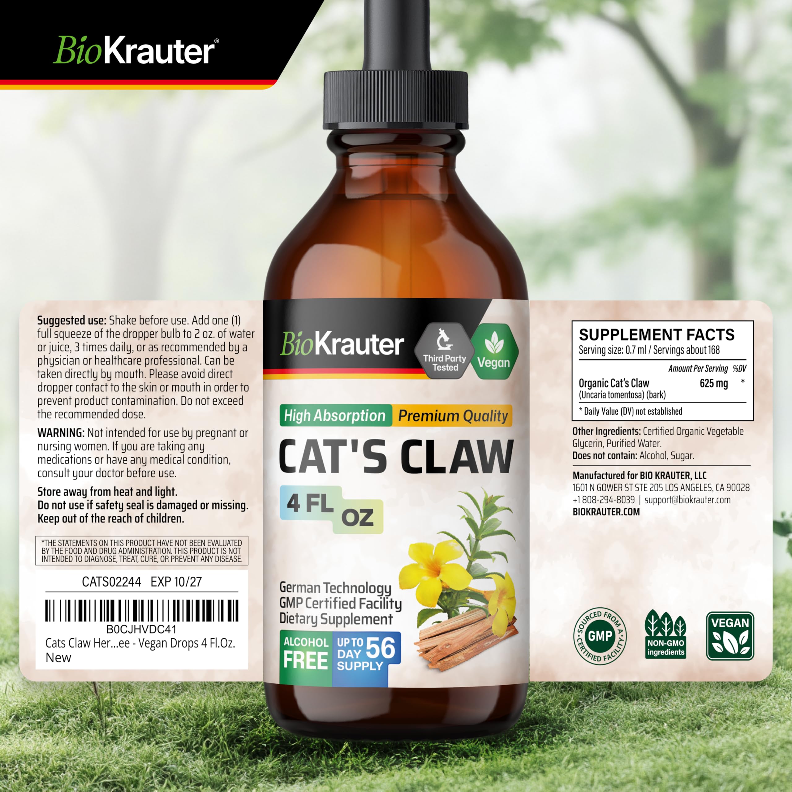Box and bottle packaging of BioKrauter Cat's Claw supplement