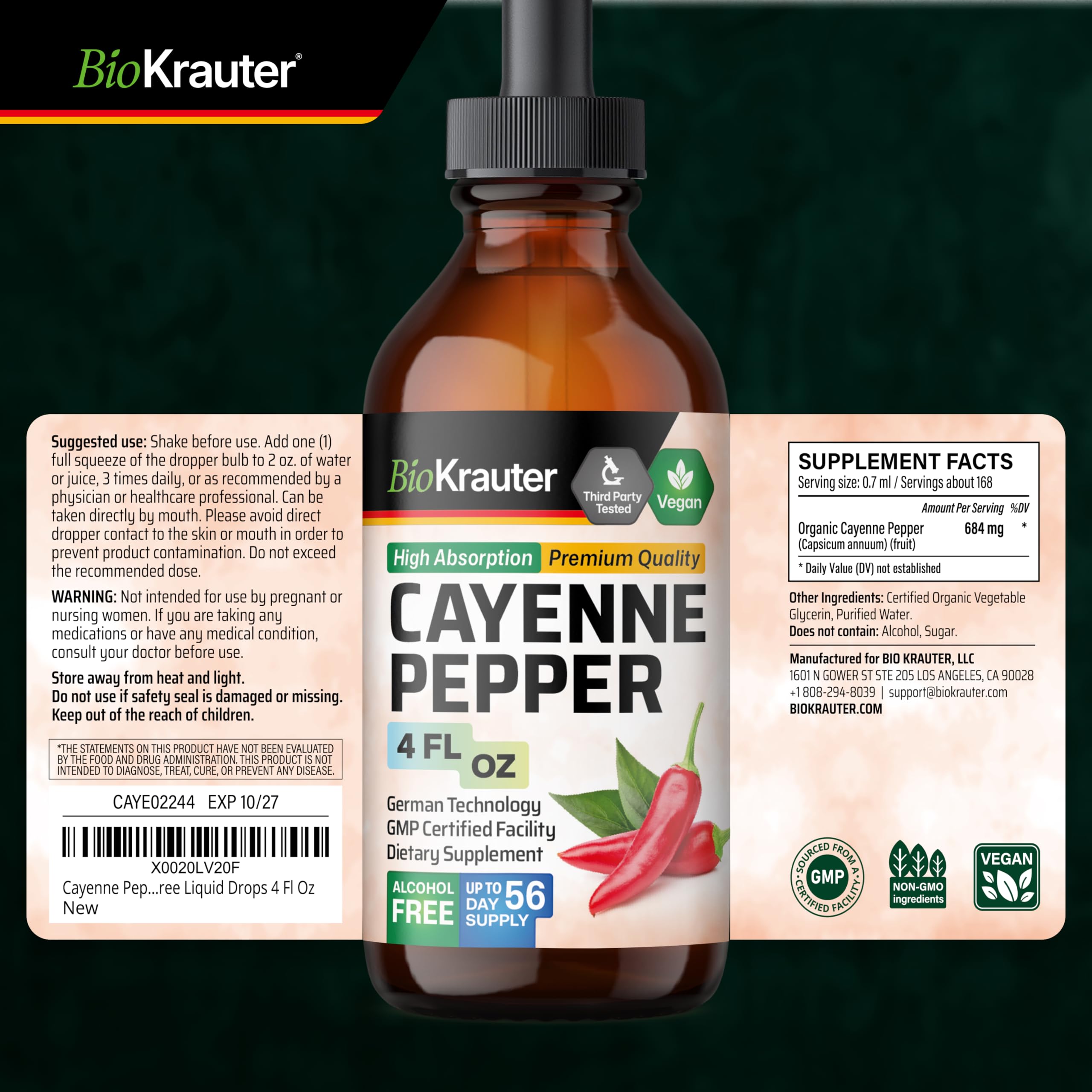 Packaging and bottle of BIO KRAUTER Cayenne Pepper Drops