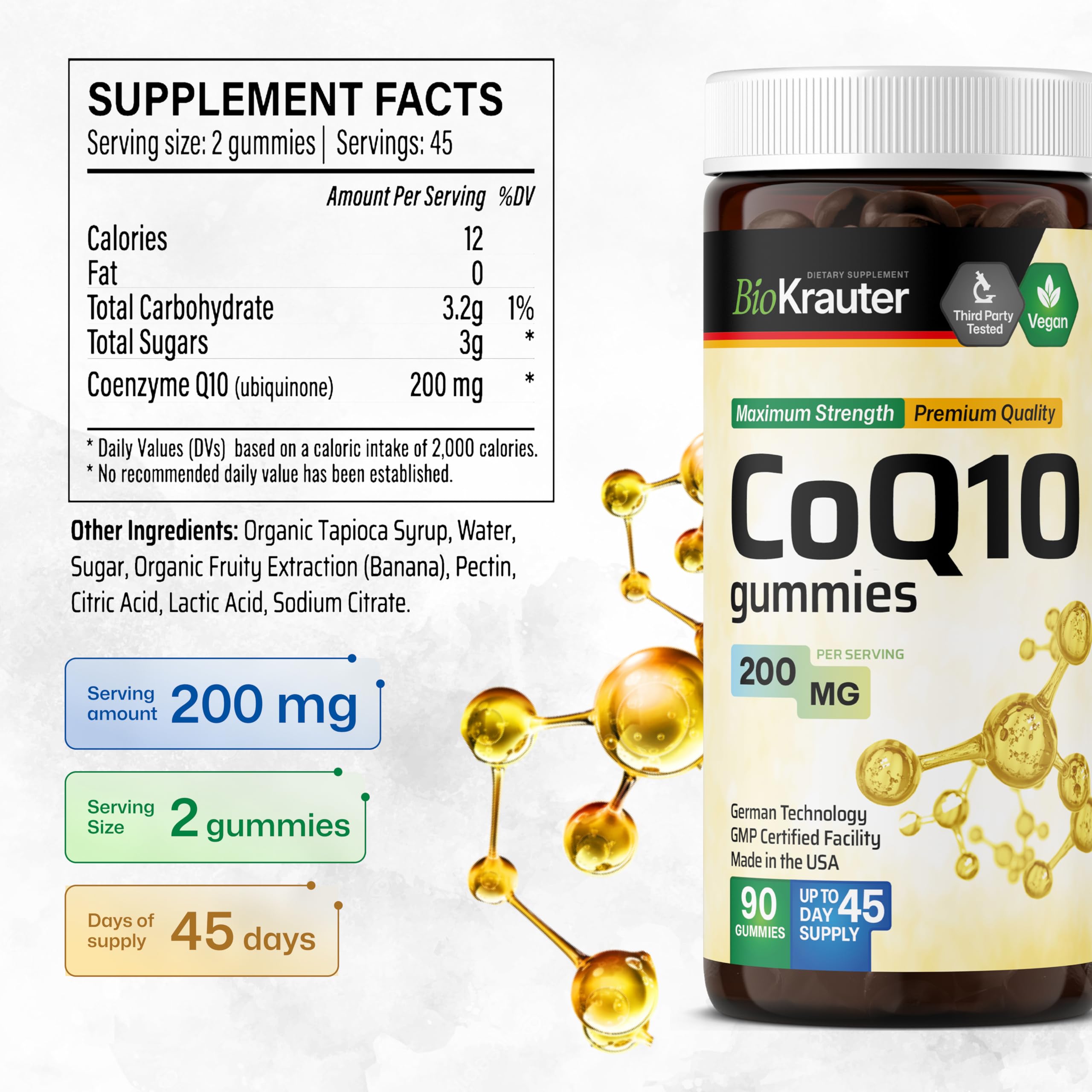 Ingredients and vegan/non-GMO information for BIO KRAUTER CoQ10 Gummies