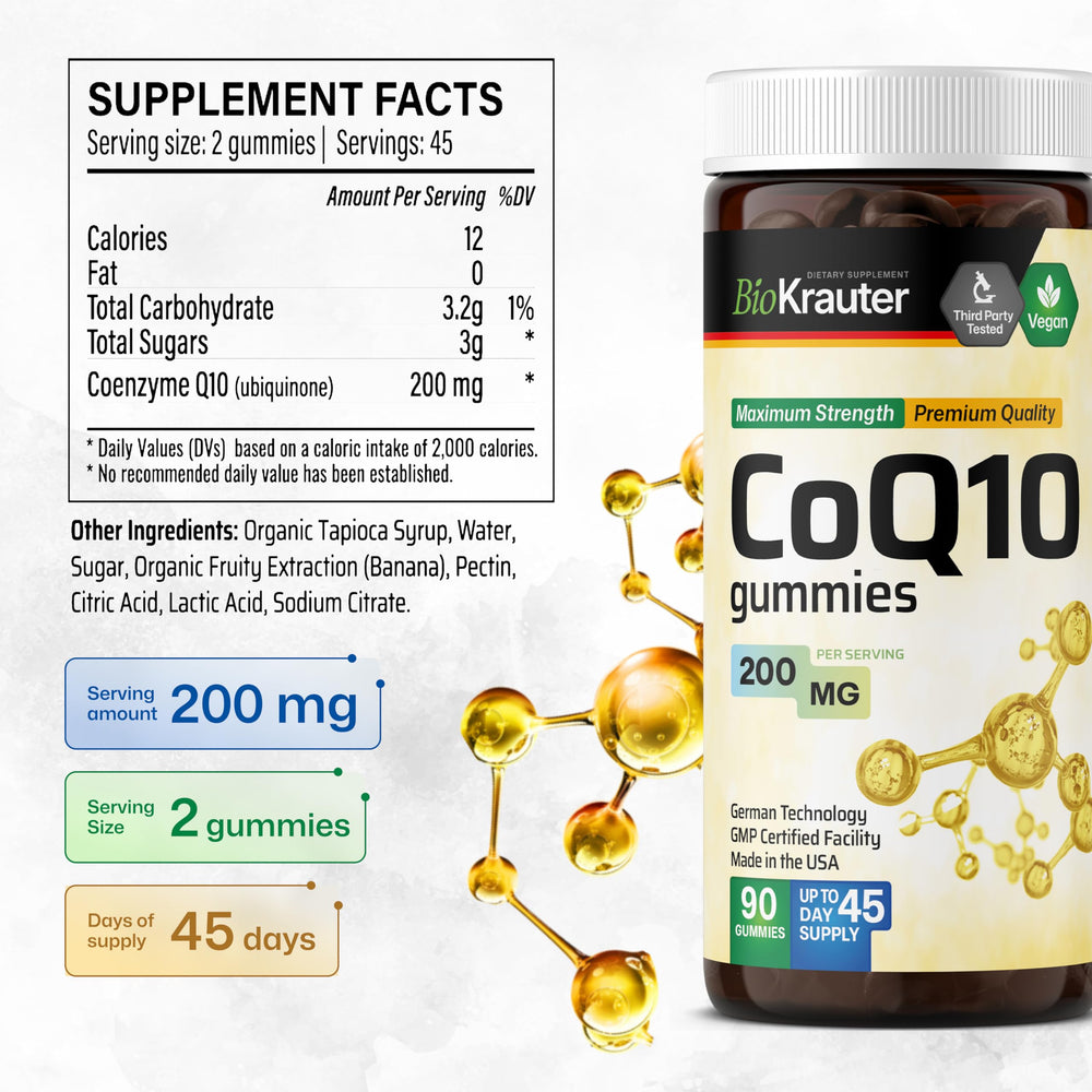 Ingredients and vegan/non-GMO information for BIO KRAUTER CoQ10 Gummies