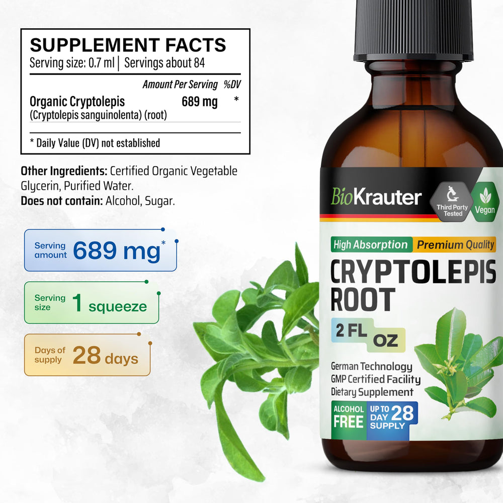 Cryptolepis root, glycerin, and water ingredients on a surface