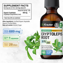 Cryptolepis root, glycerin, and water ingredients on a surface
