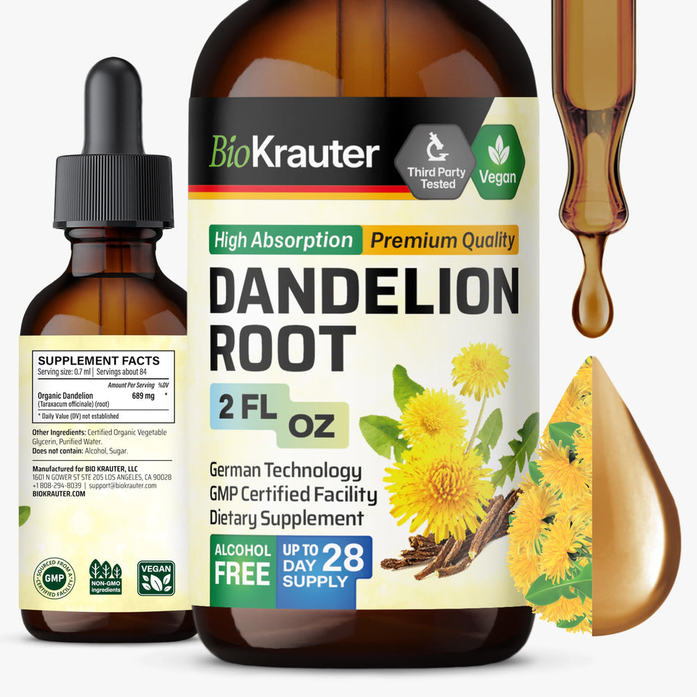 BioKrauter Dandelion Root Extract bottle on white background