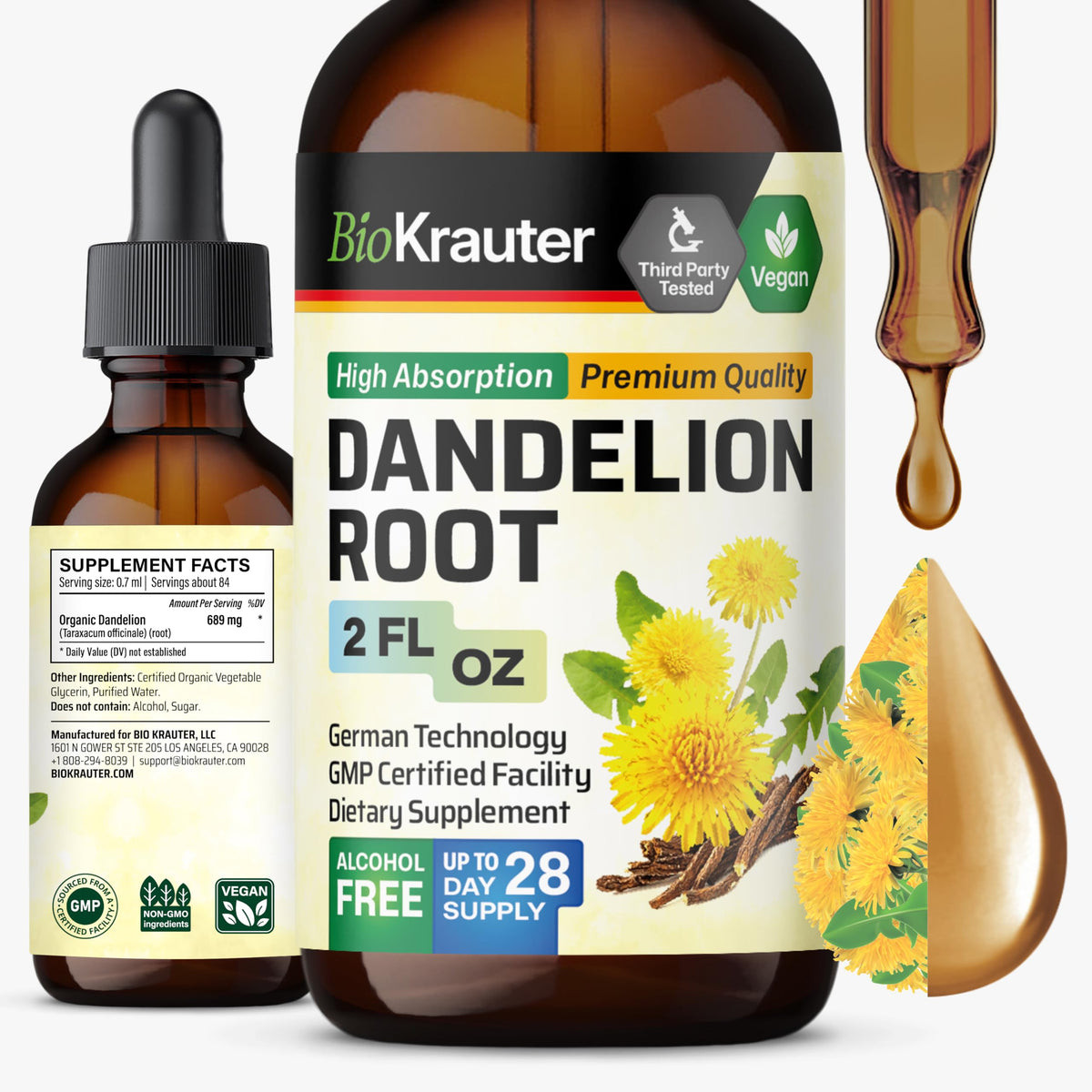 BioKrauter Dandelion Root Extract bottle on white background