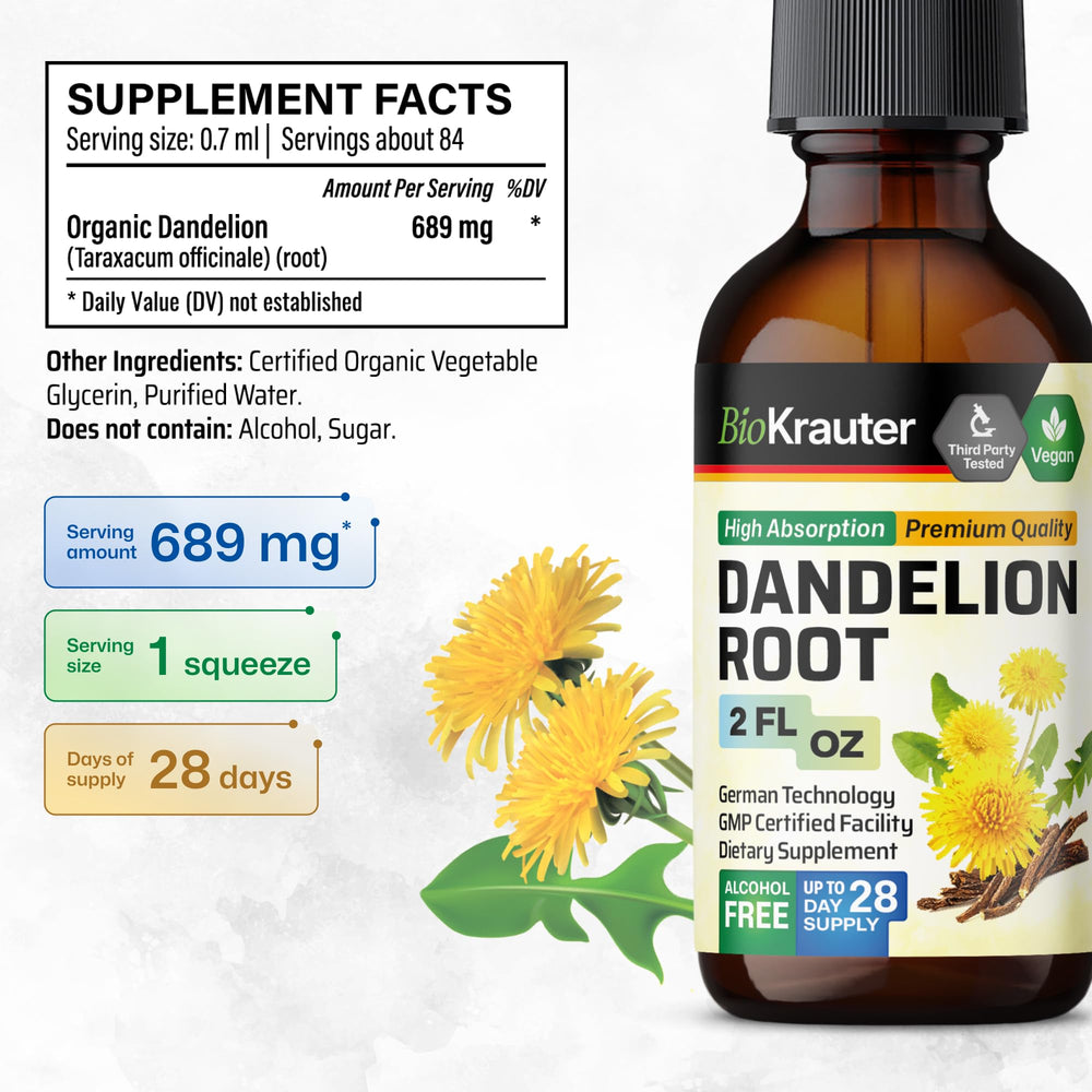 Close-up of BioKrauter Dandelion Root Extract label