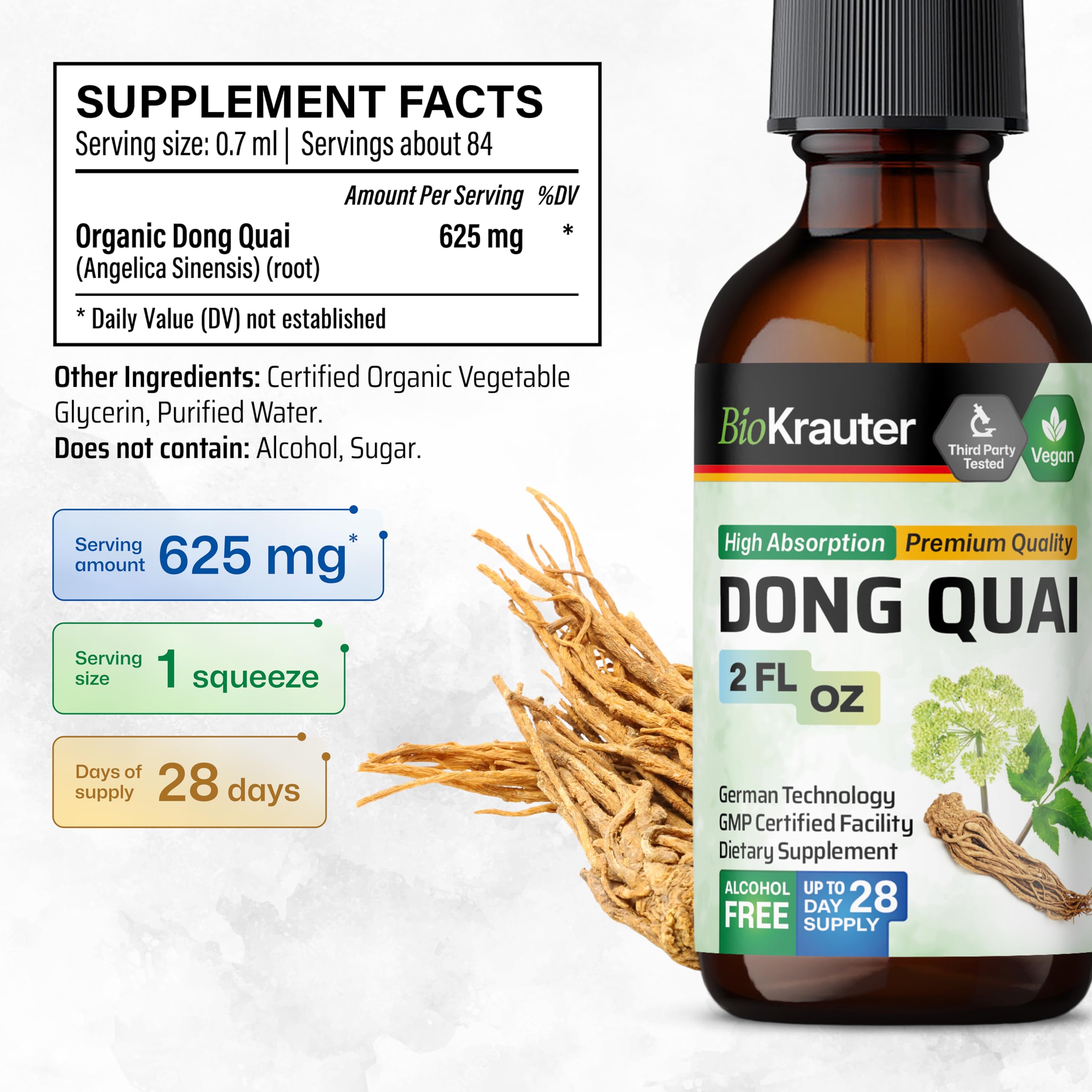 Ingredients: water, glycerin, dong quai (Angelica Sinensis)