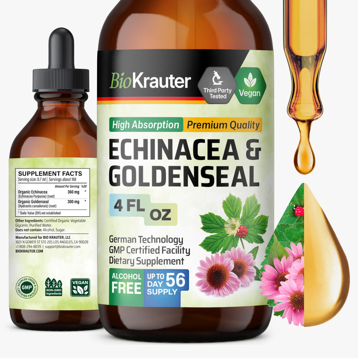 Bottle of BIO KRAUTER Echinacea & Goldenseal liquid extract 4 fl oz