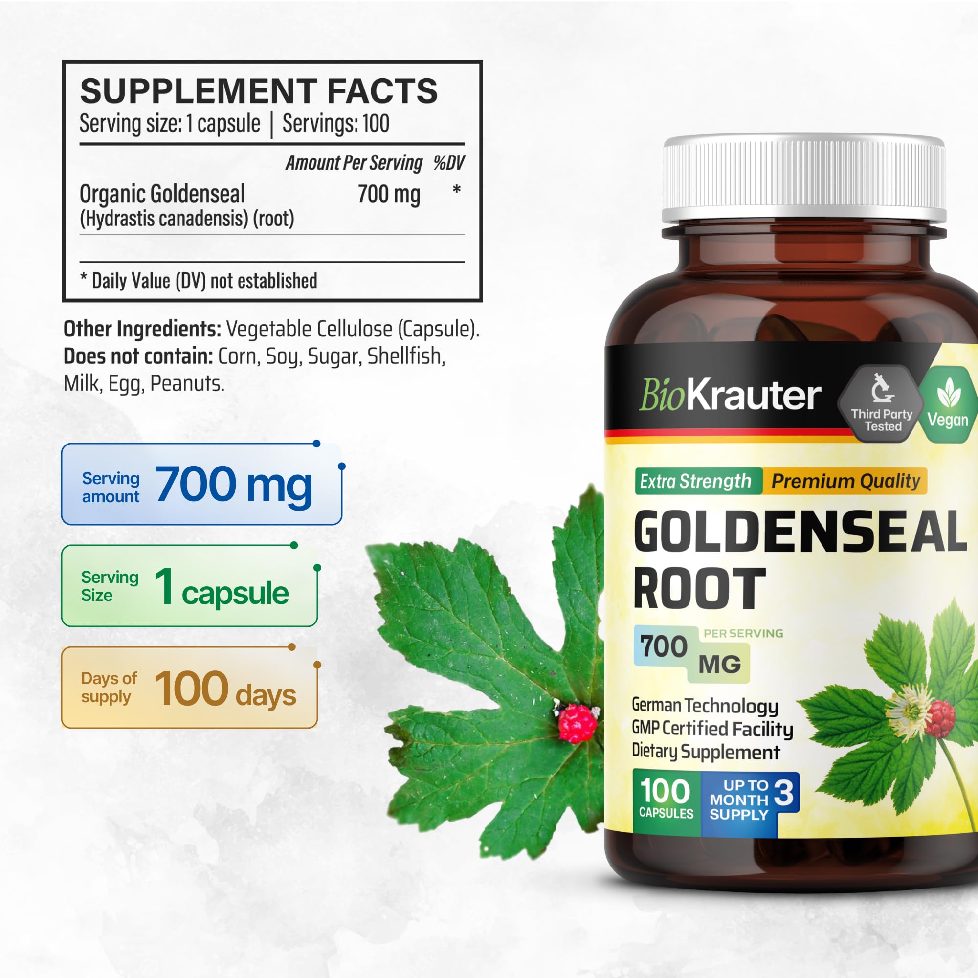 Group of Goldenseal root capsules on white background