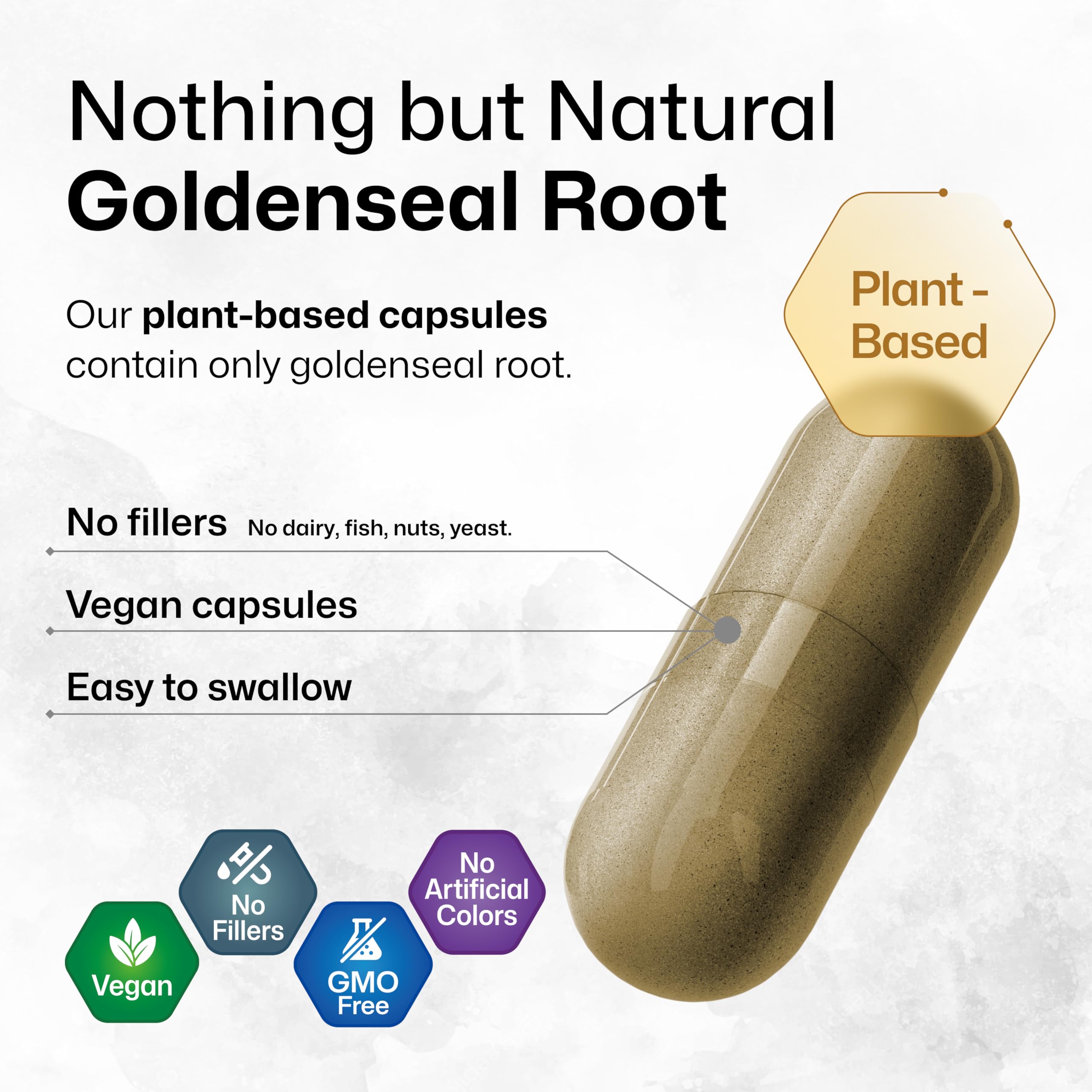Natural goldenseal root and capsules arrangement
