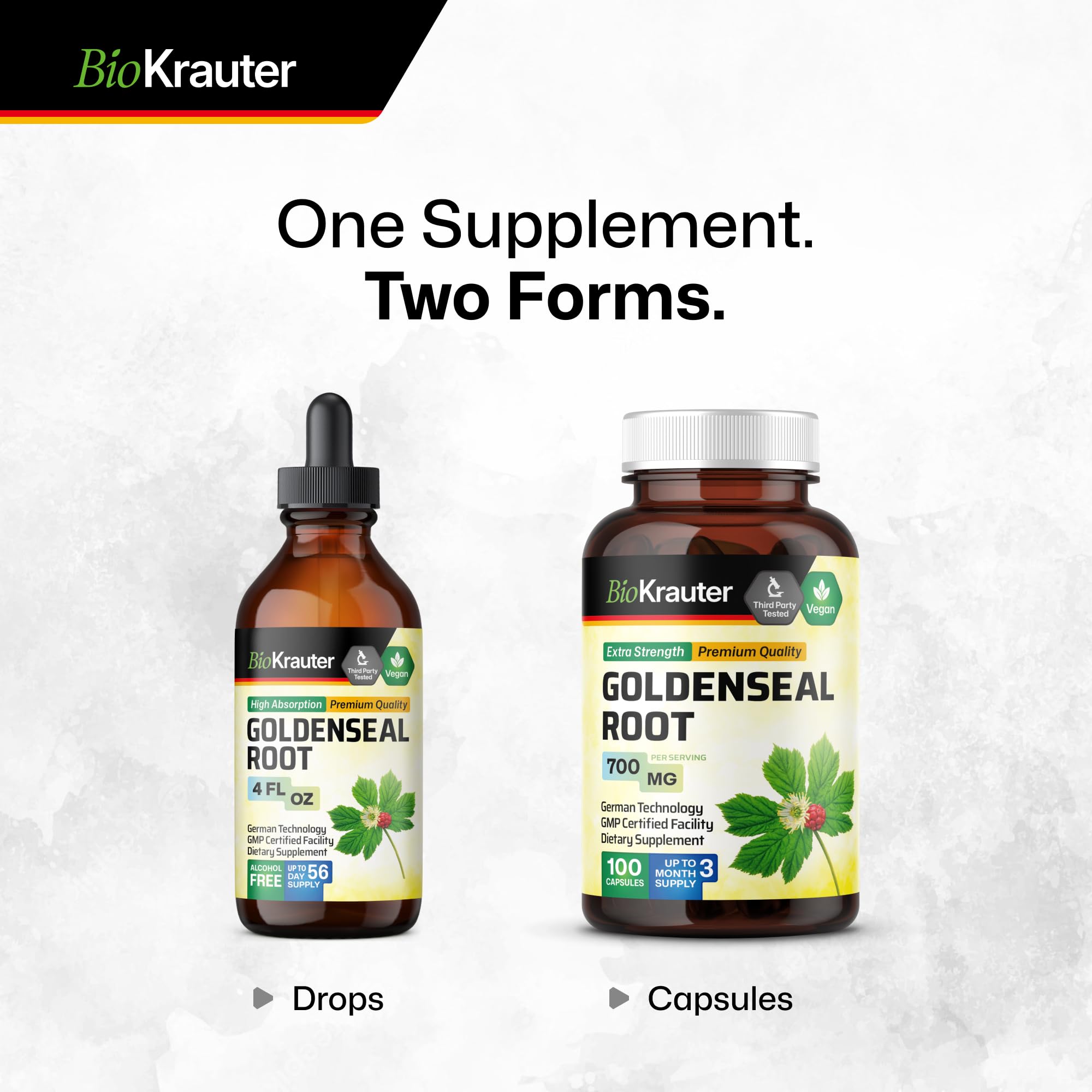 Goldenseal root powder capsules arranged together