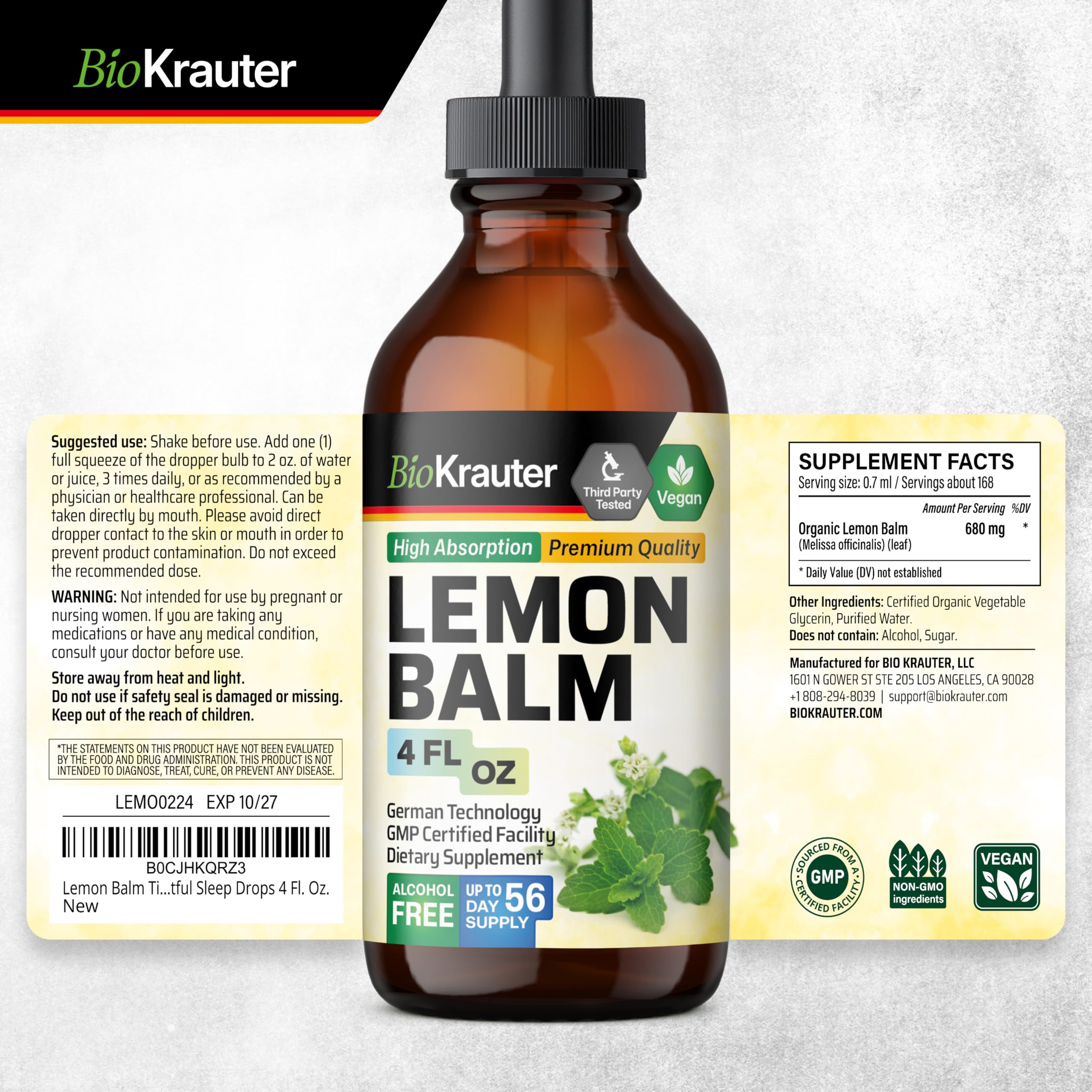 Information card highlighting 56 days supply for BIO KRAUTER Lemon Balm Tincture