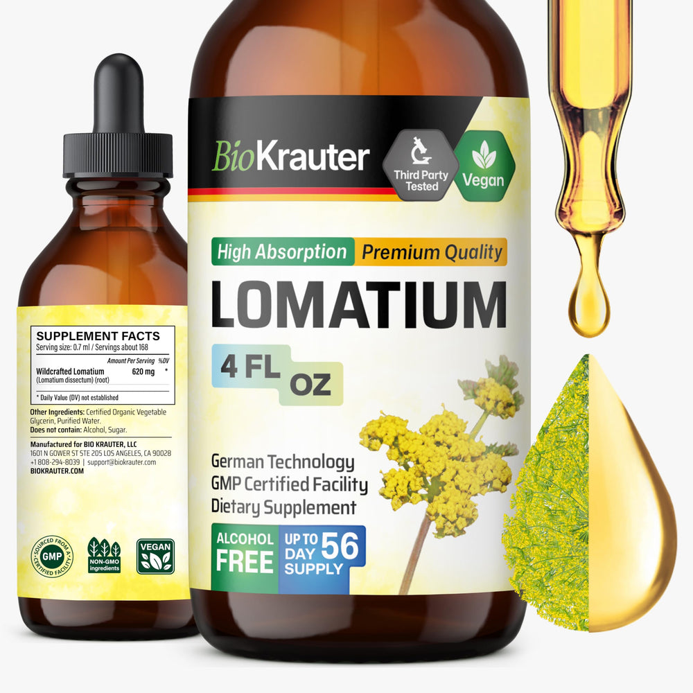 BIO KRAUTER Lomatium Tincture bottle with 4 oz label on white background.
