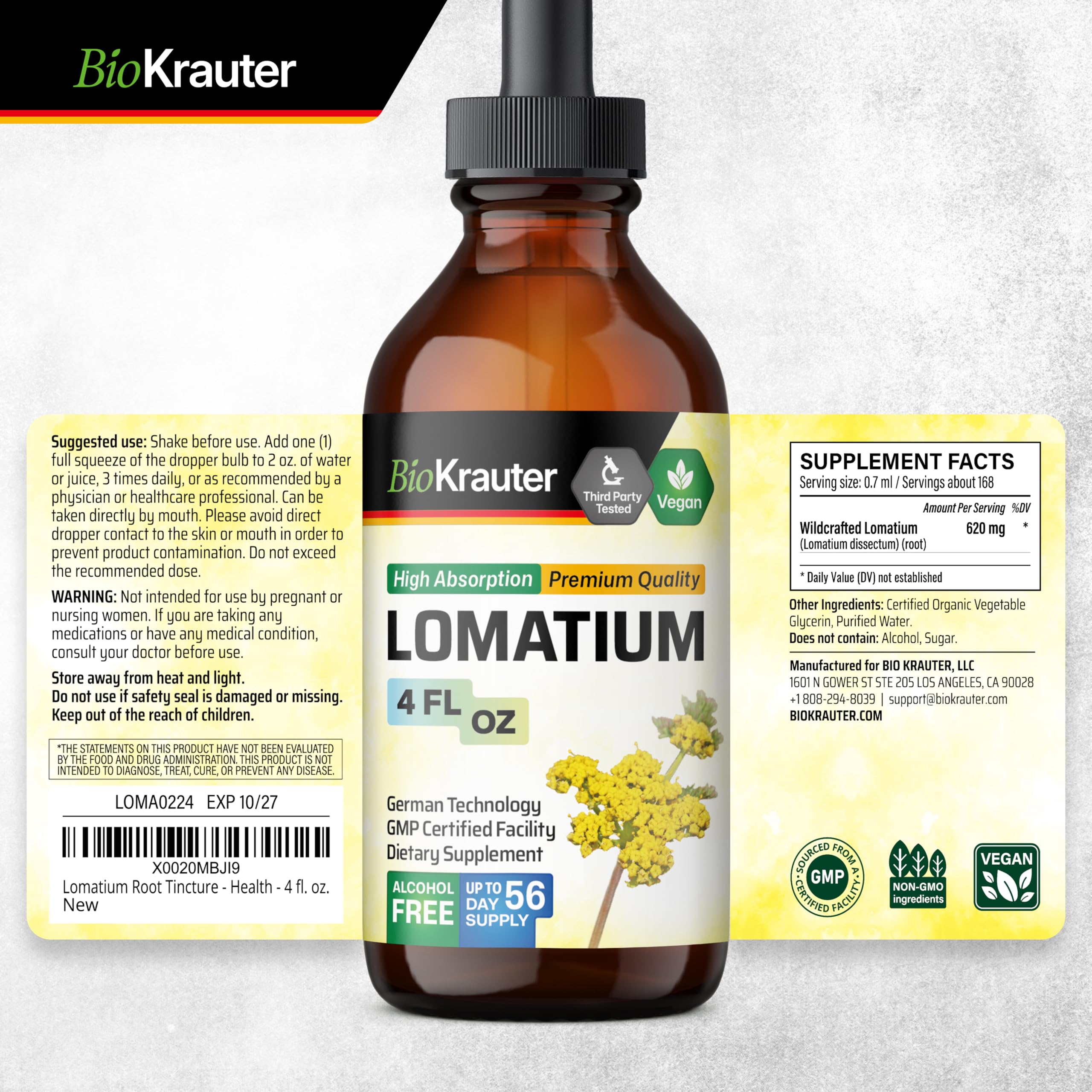 Final product shot of BIO KRAUTER Lomatium Tincture with packaging.
