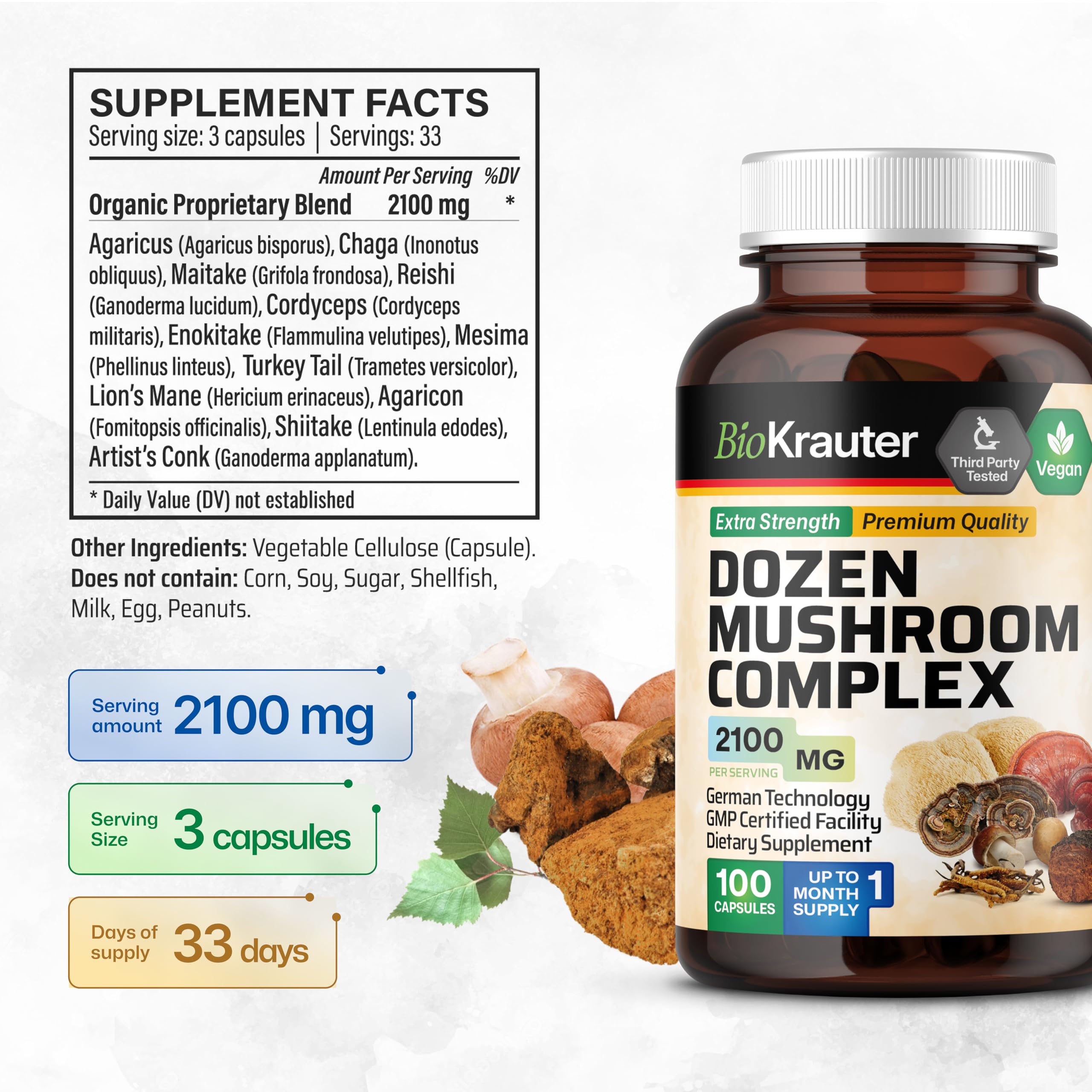 Assorted mushrooms used in the blend: Lion’s Mane, Reishi, Cordyceps