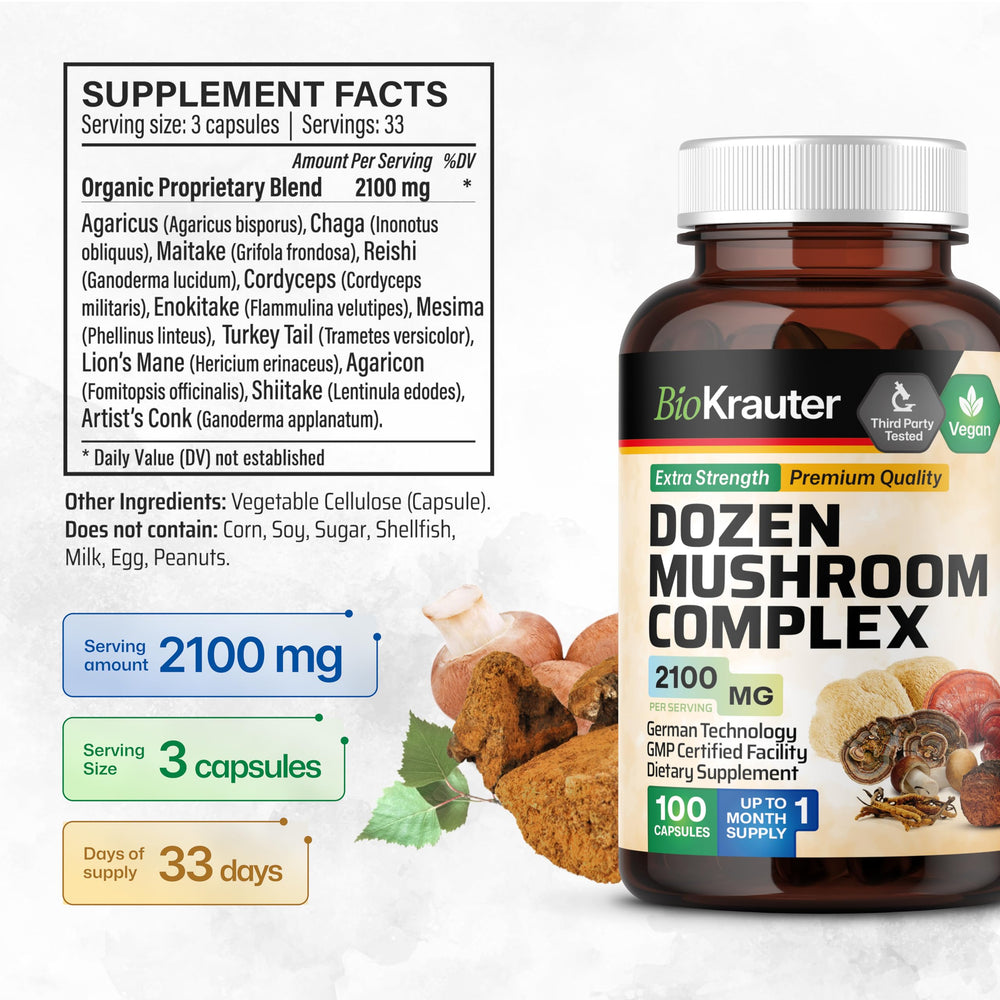 Assorted mushrooms used in the blend: Lion’s Mane, Reishi, Cordyceps