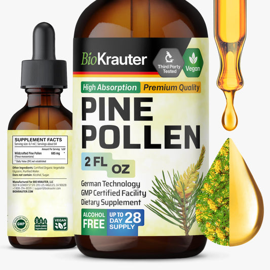 BIO KRAUTER Pine Pollen Tincture bottle with dropper on white background