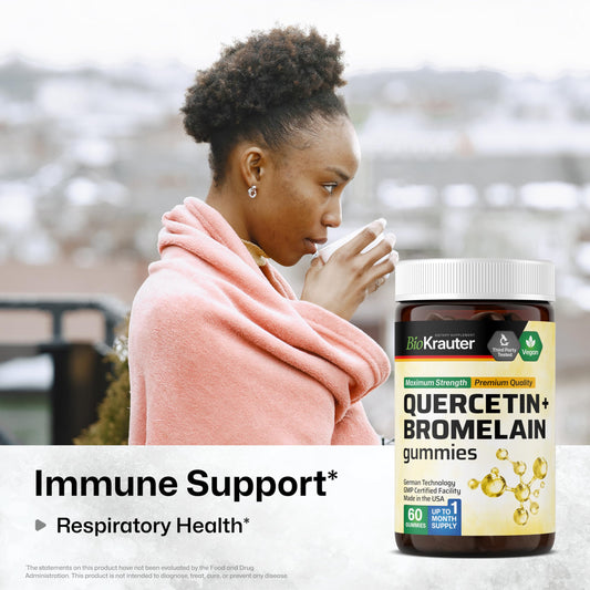 Close-up of BioKrauter Quercetin + Bromelain Gummies per-pack information