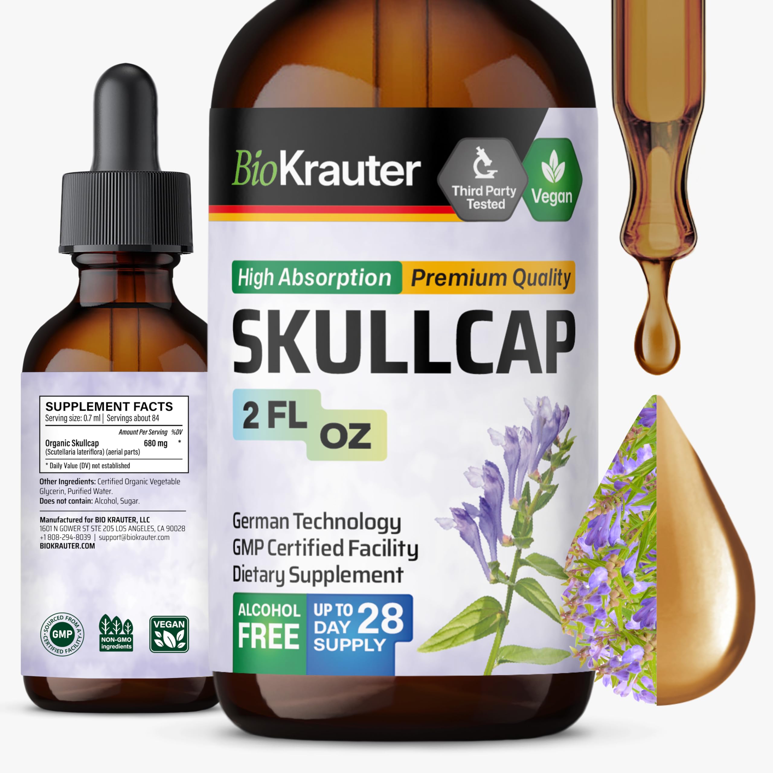 BIO KRAUTER Skullcap tincture bottle with dropper on white background
