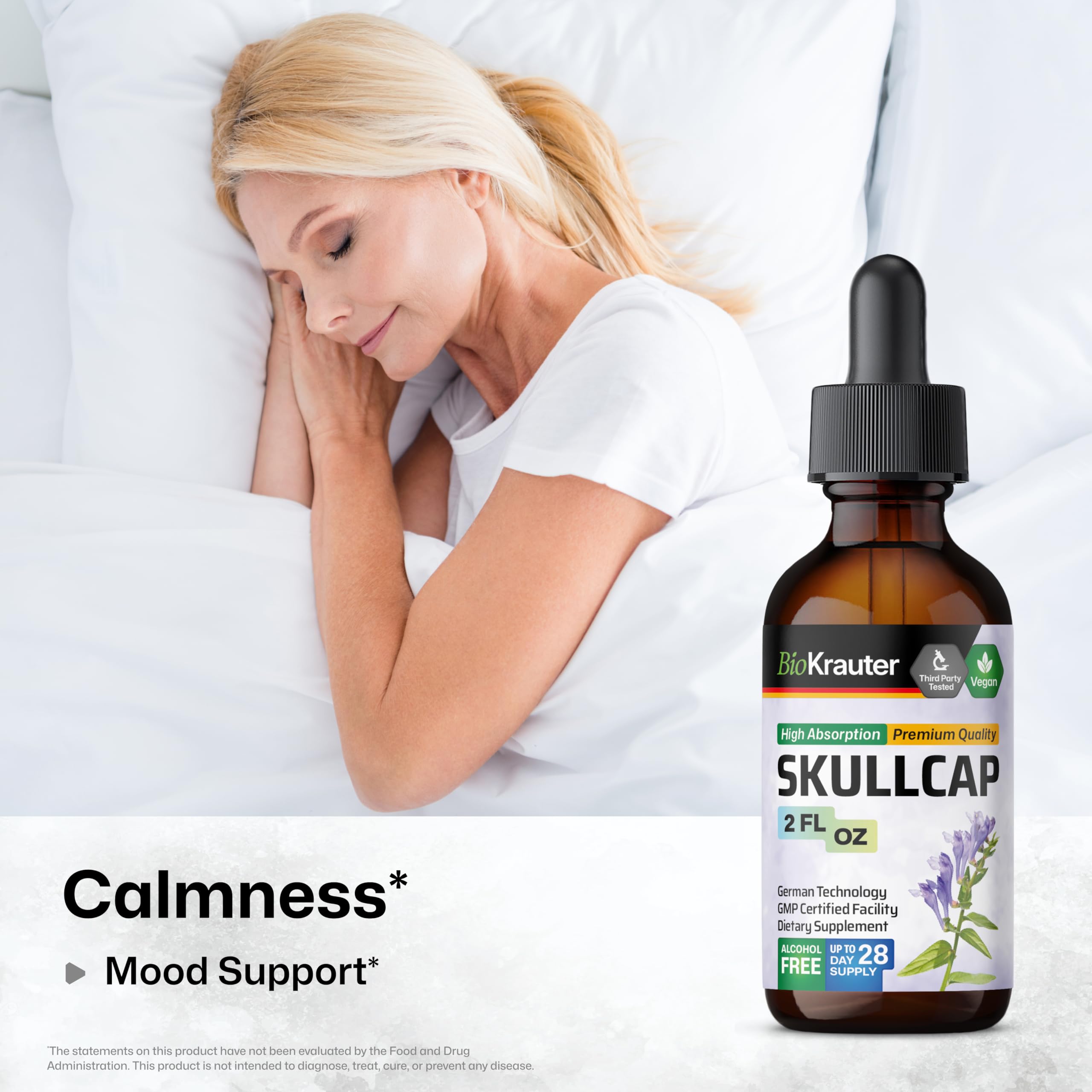 Glycerin-based skullcap tincture liquid in bottle