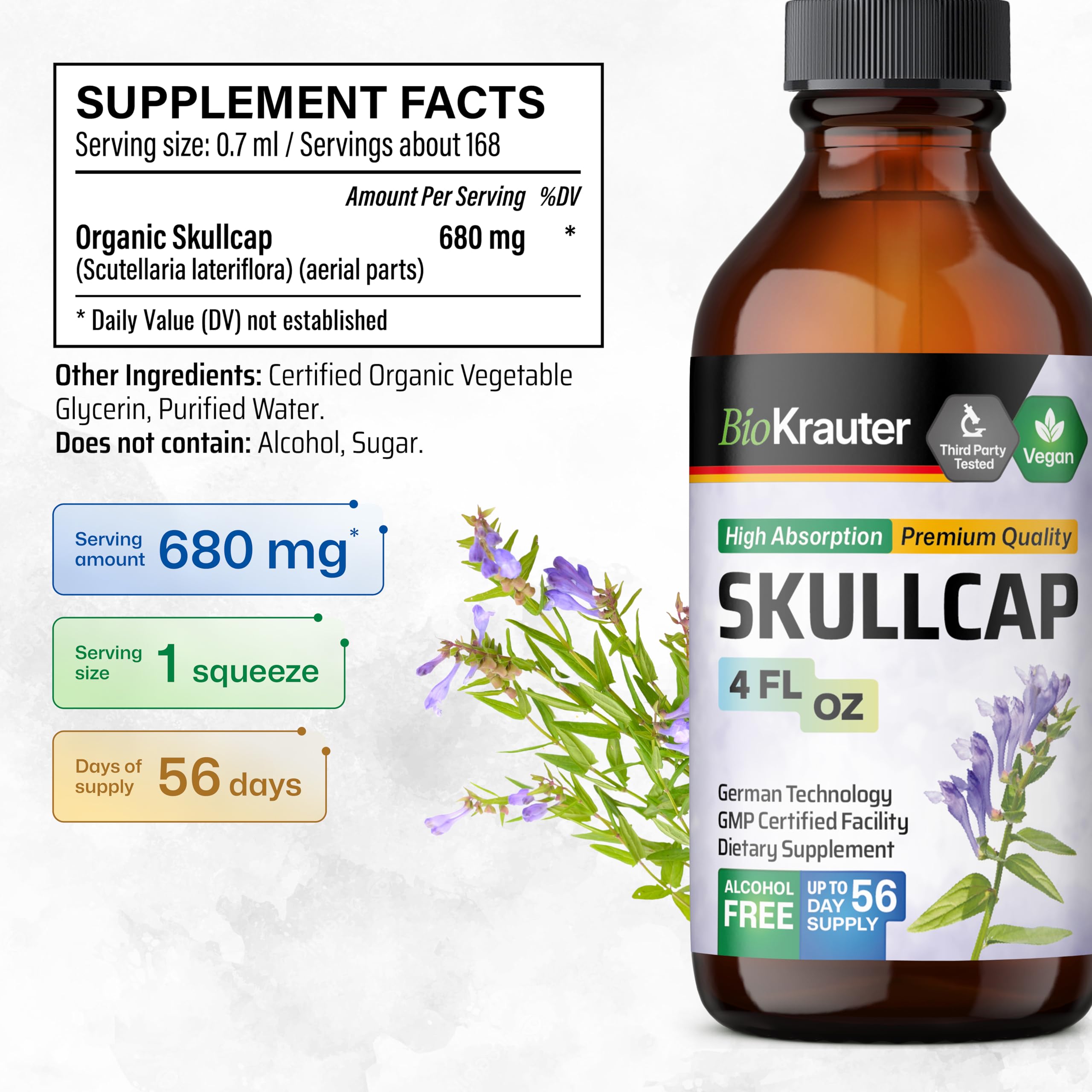 Glycerin, water, and skullcap herb ingredients concept