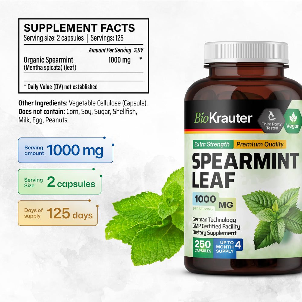 Ingredients including spearmint extract and vegan capsule