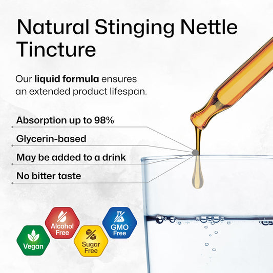 Close-up of nettle tincture bottle