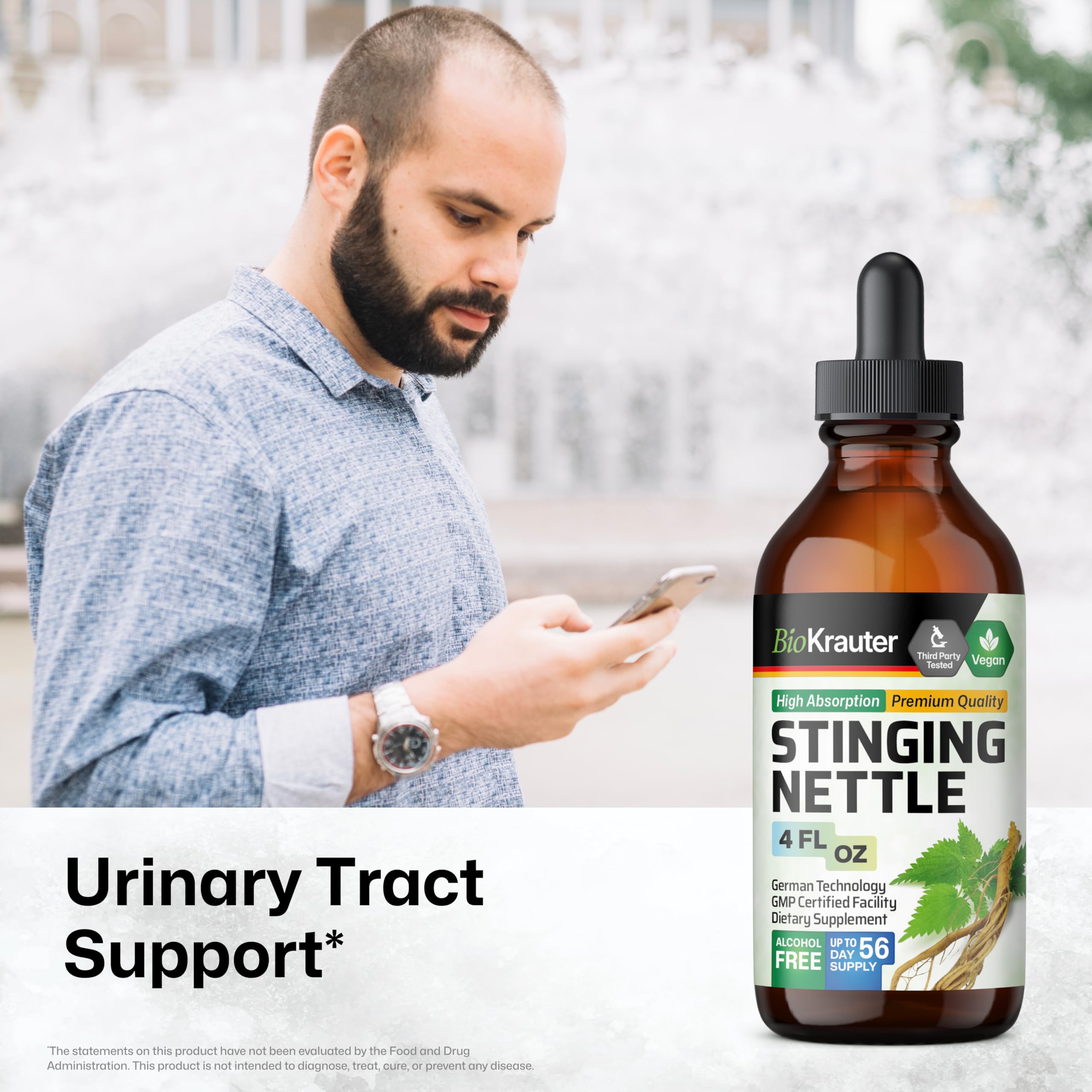 Nettle root extract liquid drops on a wooden surface