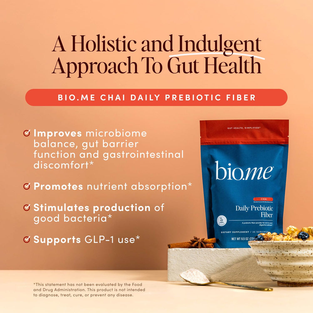 Packaging and label of Bio.me Daily Prebiotic Fiber Powder – chai