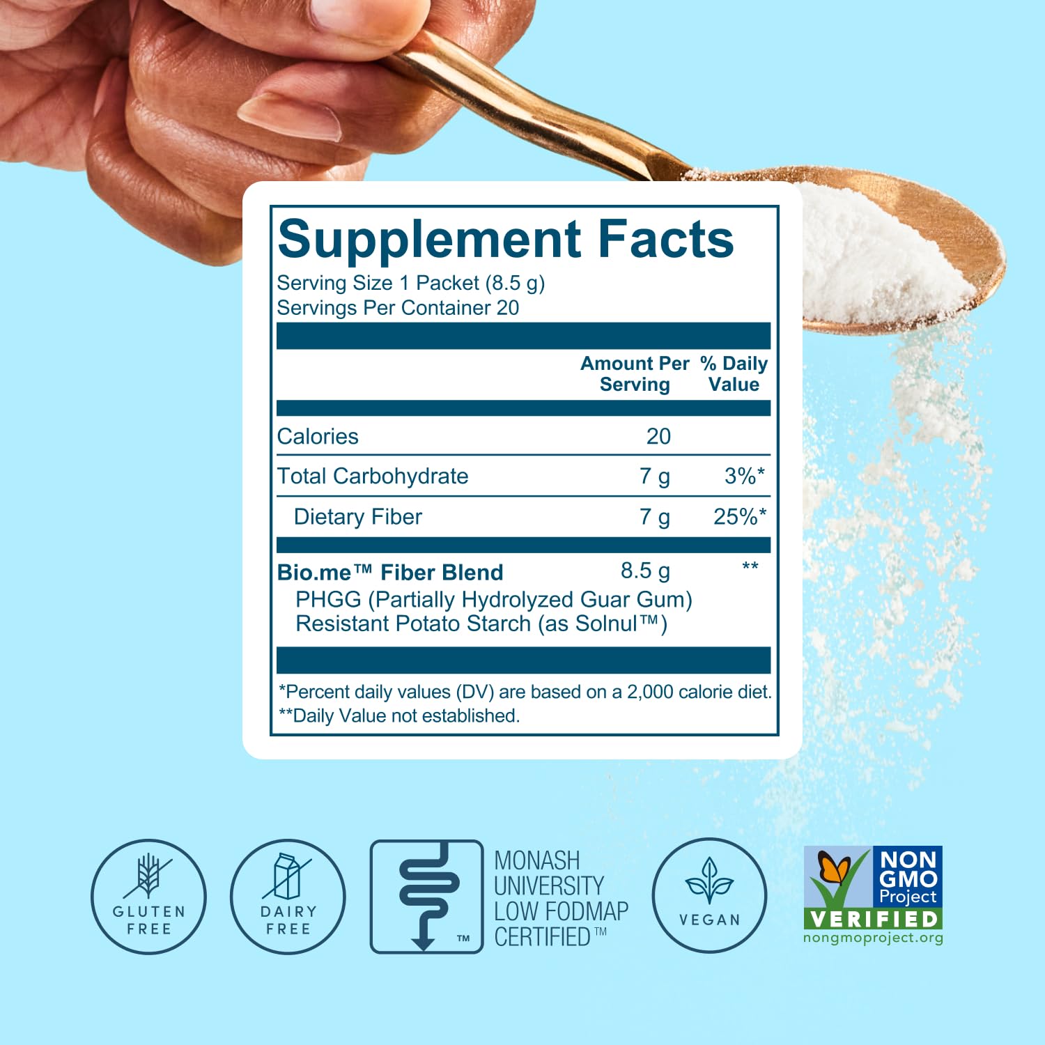 Low FODMAP certified Bio.me prebiotic fiber suitable for sensitive digestion