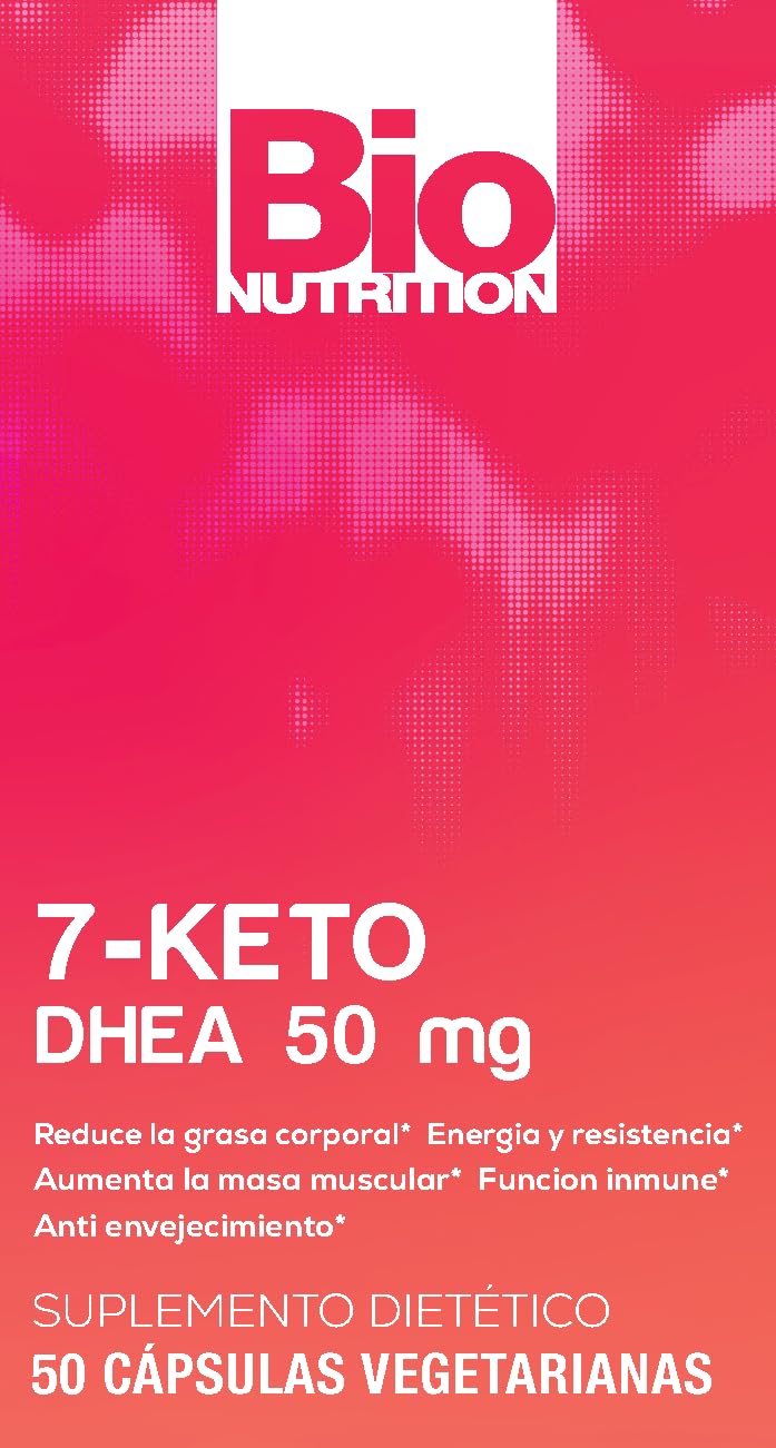 Close-up of Bio Nutrition 7-Keto DHEA 50 mg capsule bottle label