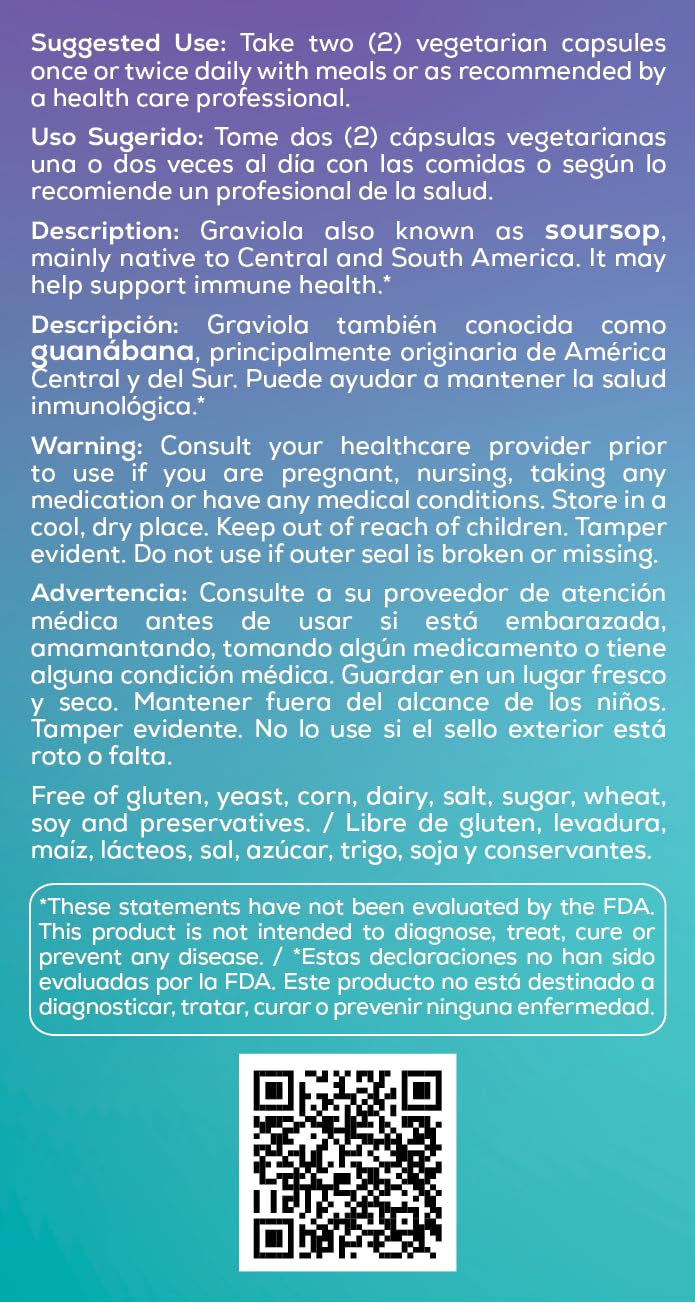 Nutrition facts panel on Graviola bottle