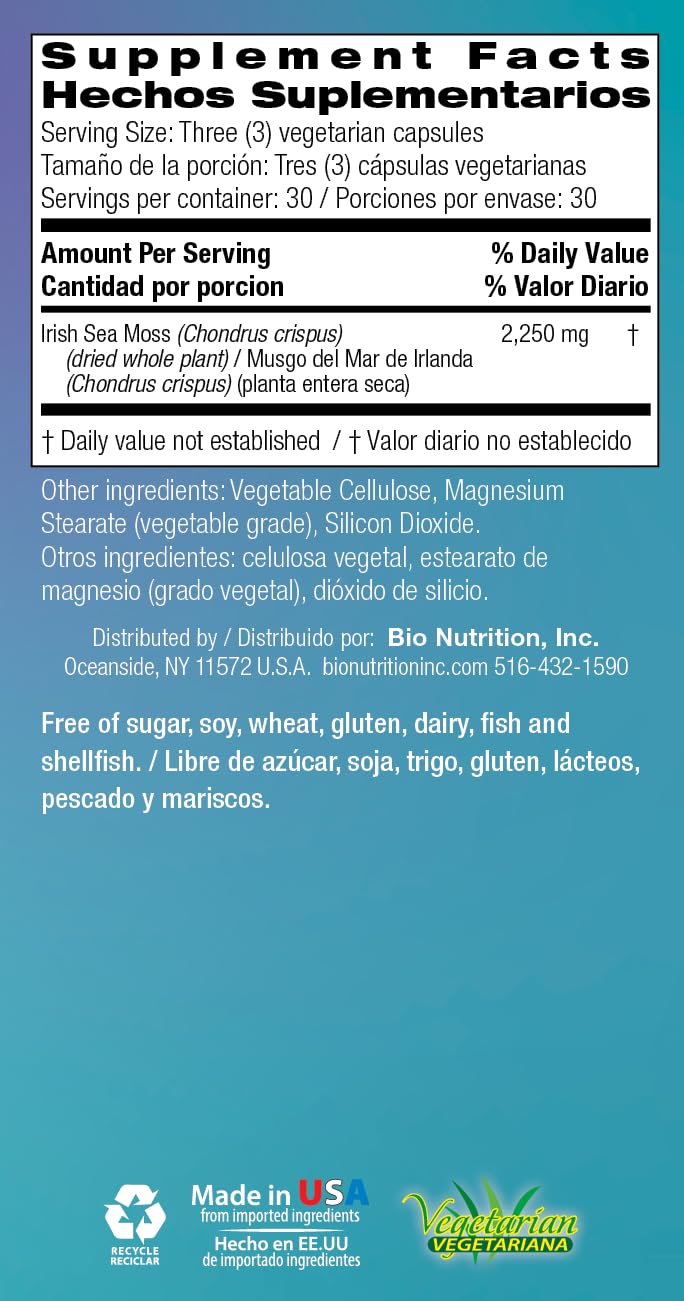 Nutrition facts label on Bio Nutrition Irish Sea Moss bottle