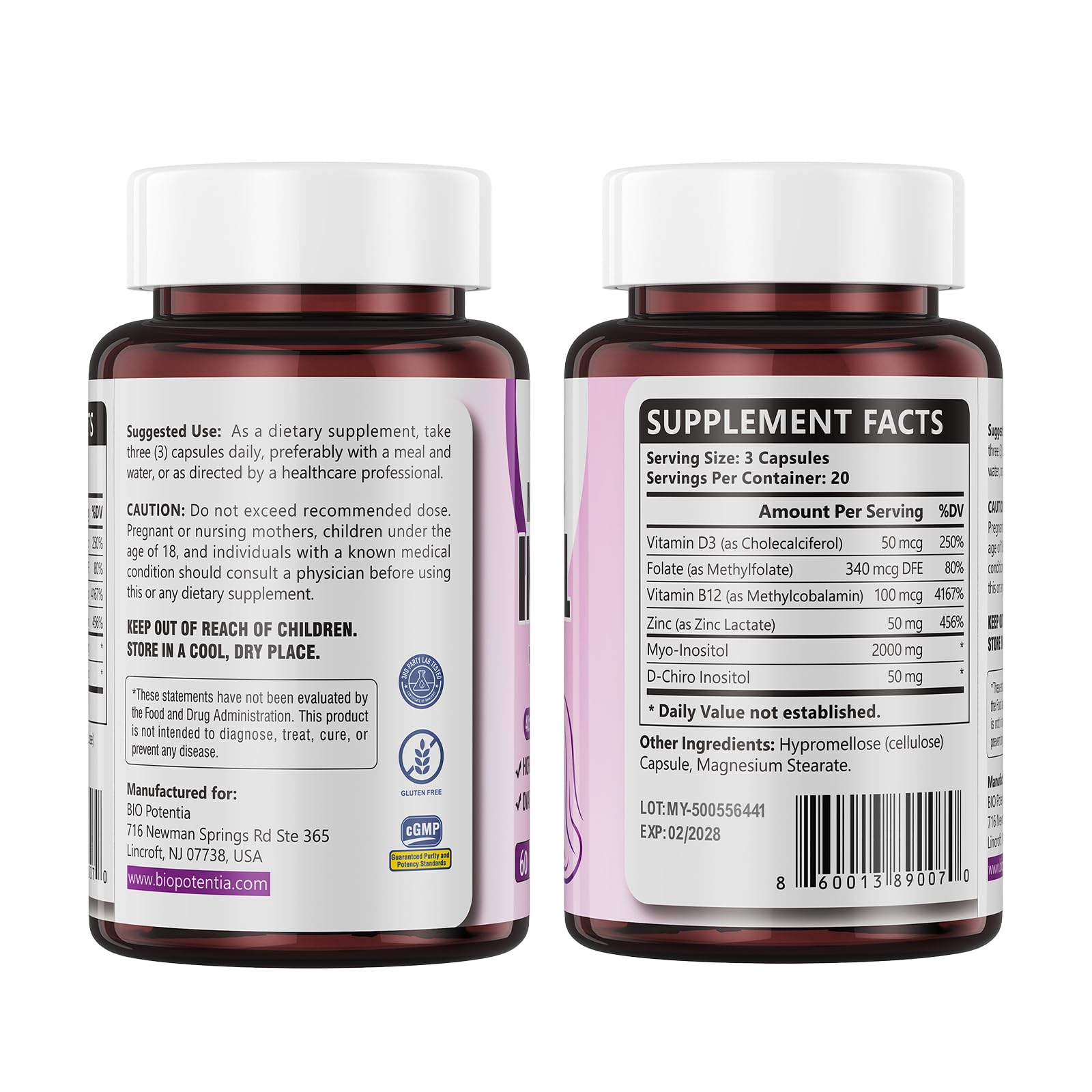 Full packaging and bottle design of BIO POTENTIA Inositol capsules