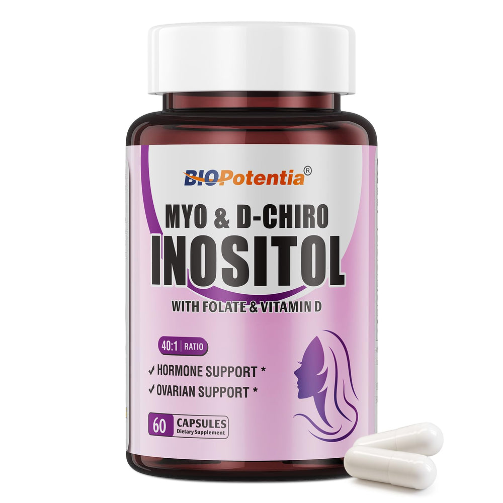 Bottle showing BIO POTENTIA Myo-Inositol and D-Chiro-Inositol 40:1 ratio, 2000mg/50mg