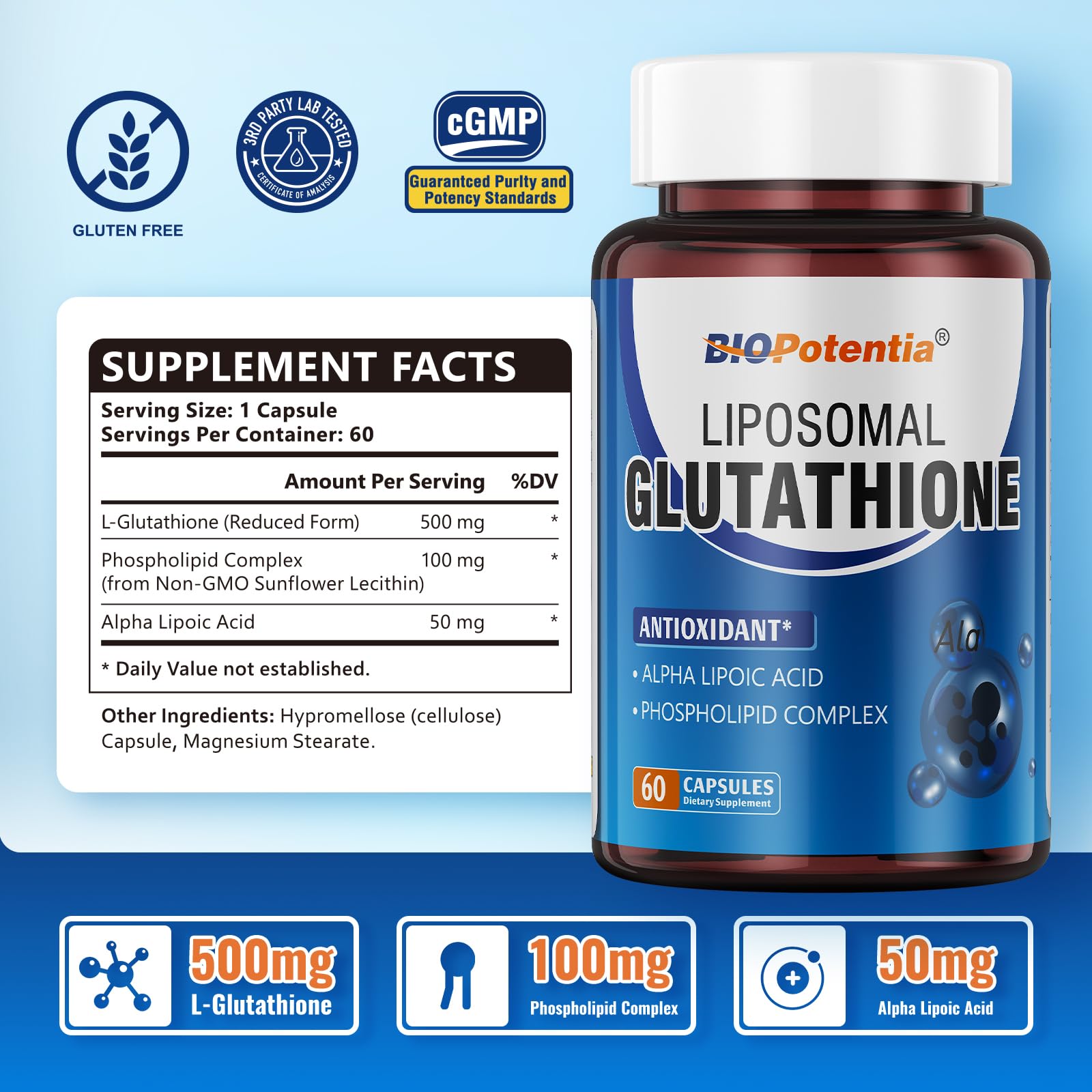 Front of BIO POTENTIA Liposomal Glutathione packaging