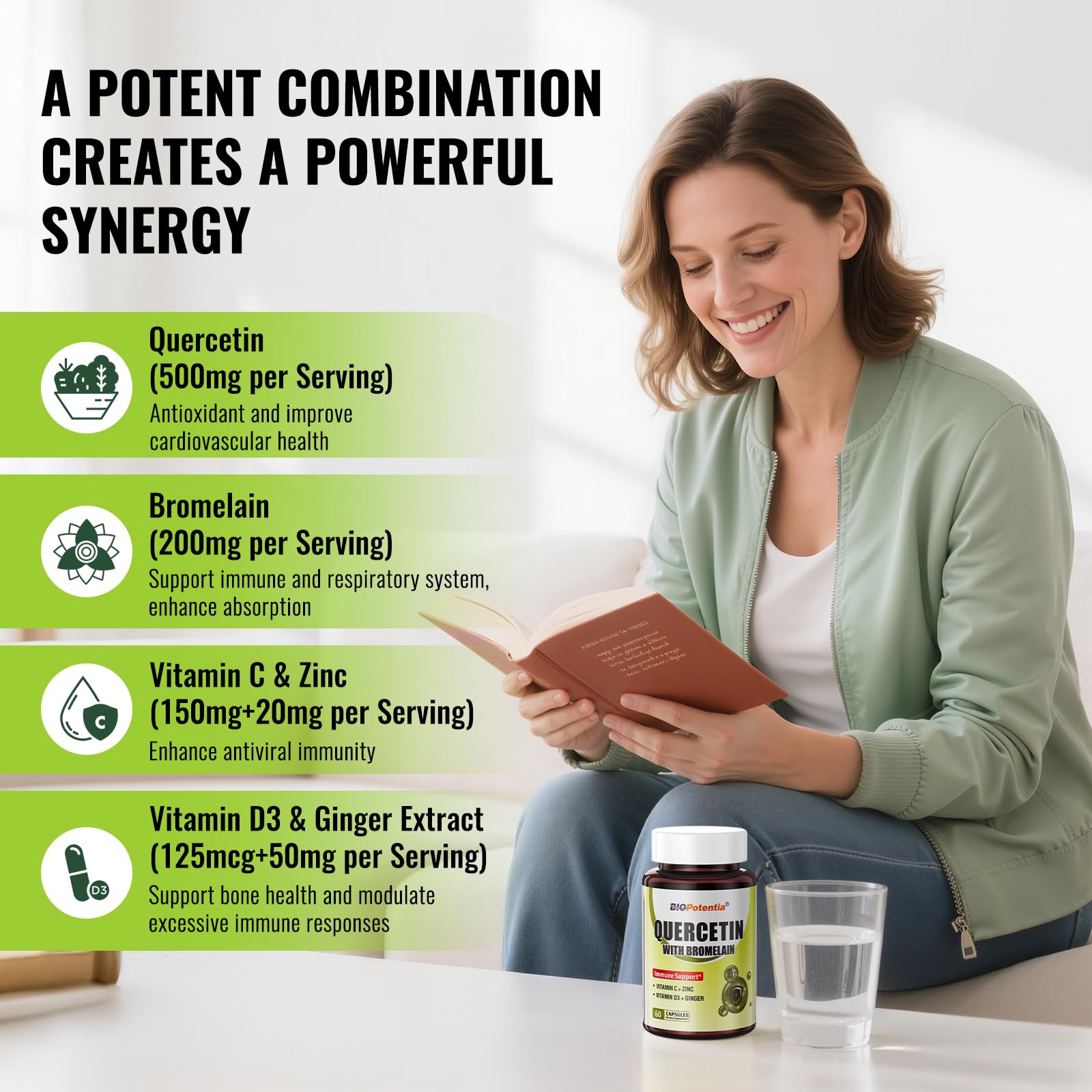 Ingredients: Quercetin, Bromelain, Vitamin C, Vitamin D3 and zinc