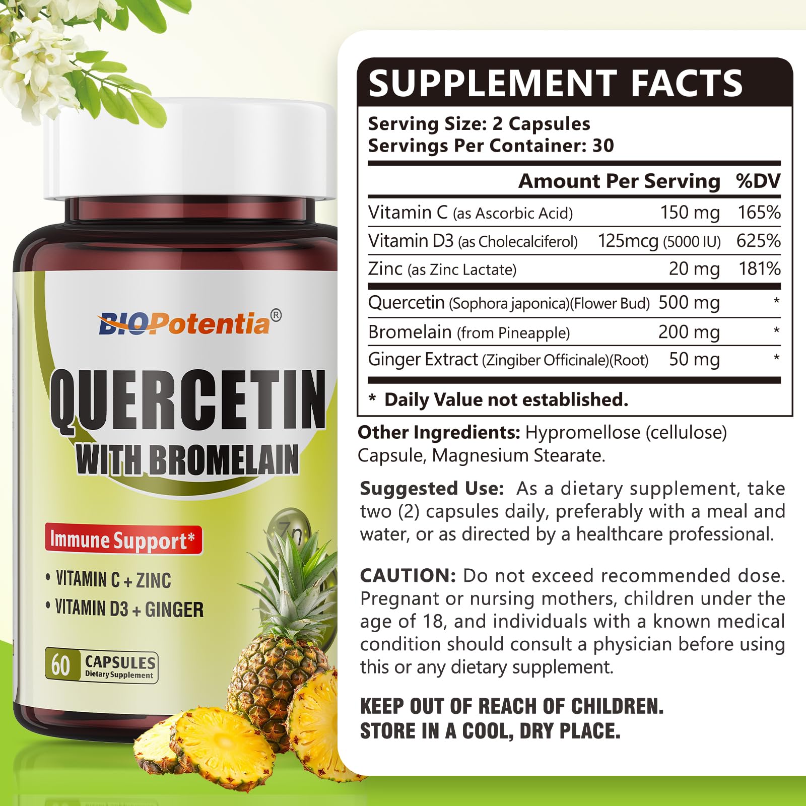 Close-up of BIO POTENTIA Quercetin with Bromelain label