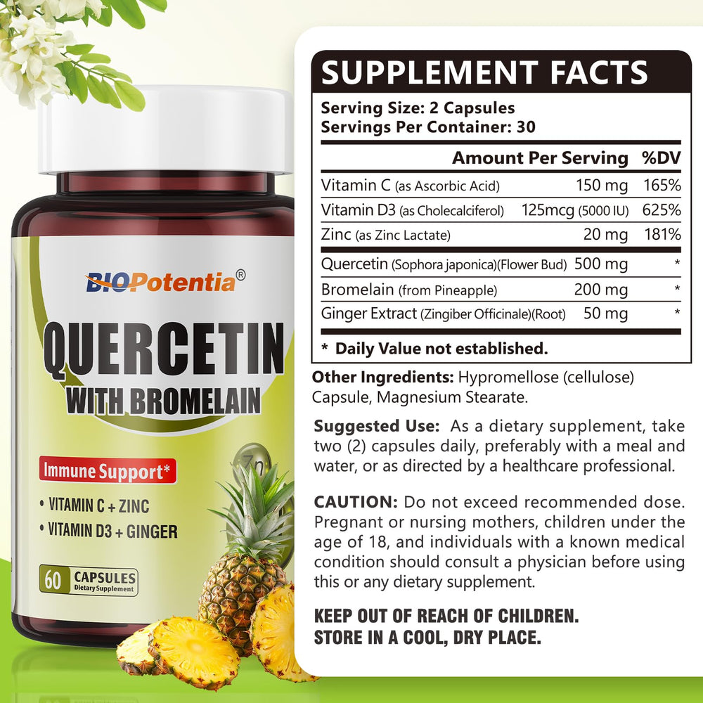 Close-up of BIO POTENTIA Quercetin with Bromelain label