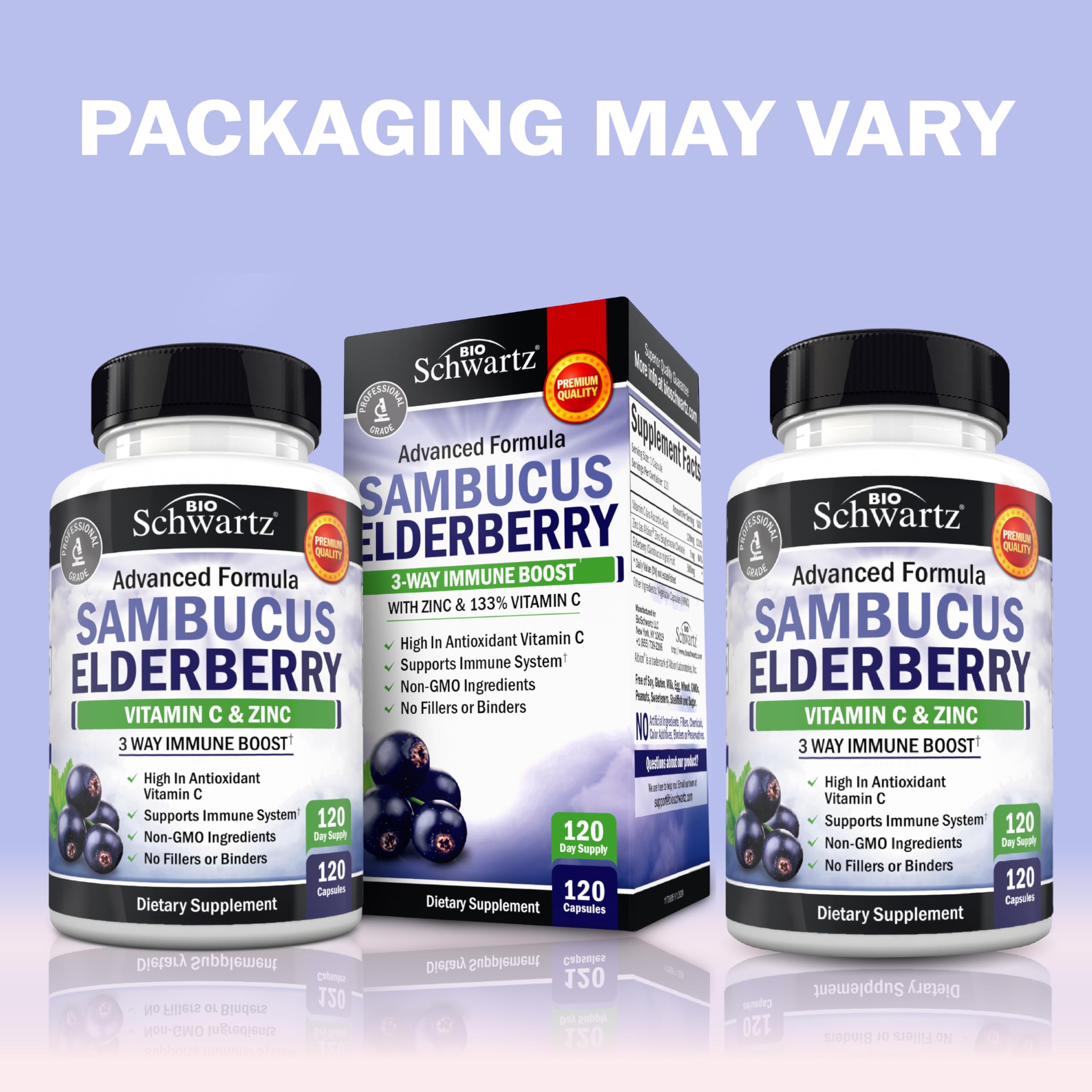 Close-up of BioSchwartz elderberry capsules with zinc and vitamin C