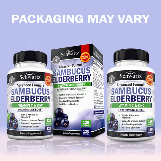 Close-up of BioSchwartz elderberry capsules with zinc and vitamin C