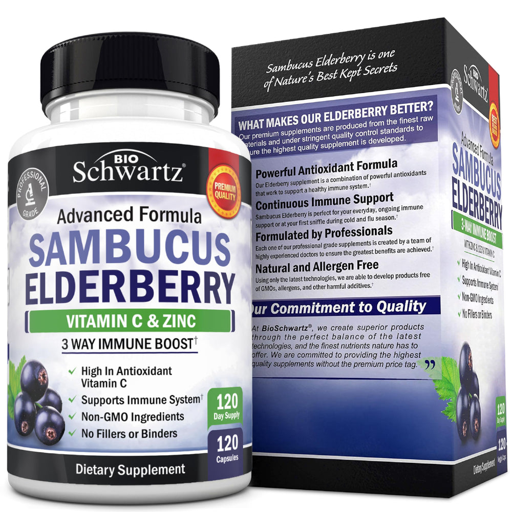 Lifestyle image of BioSchwartz elderberry capsules with fruits