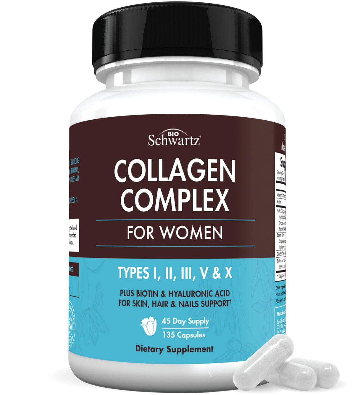 Front view of BioSchwartz Hydrolyzed Collagen Peptide Capsules bottle