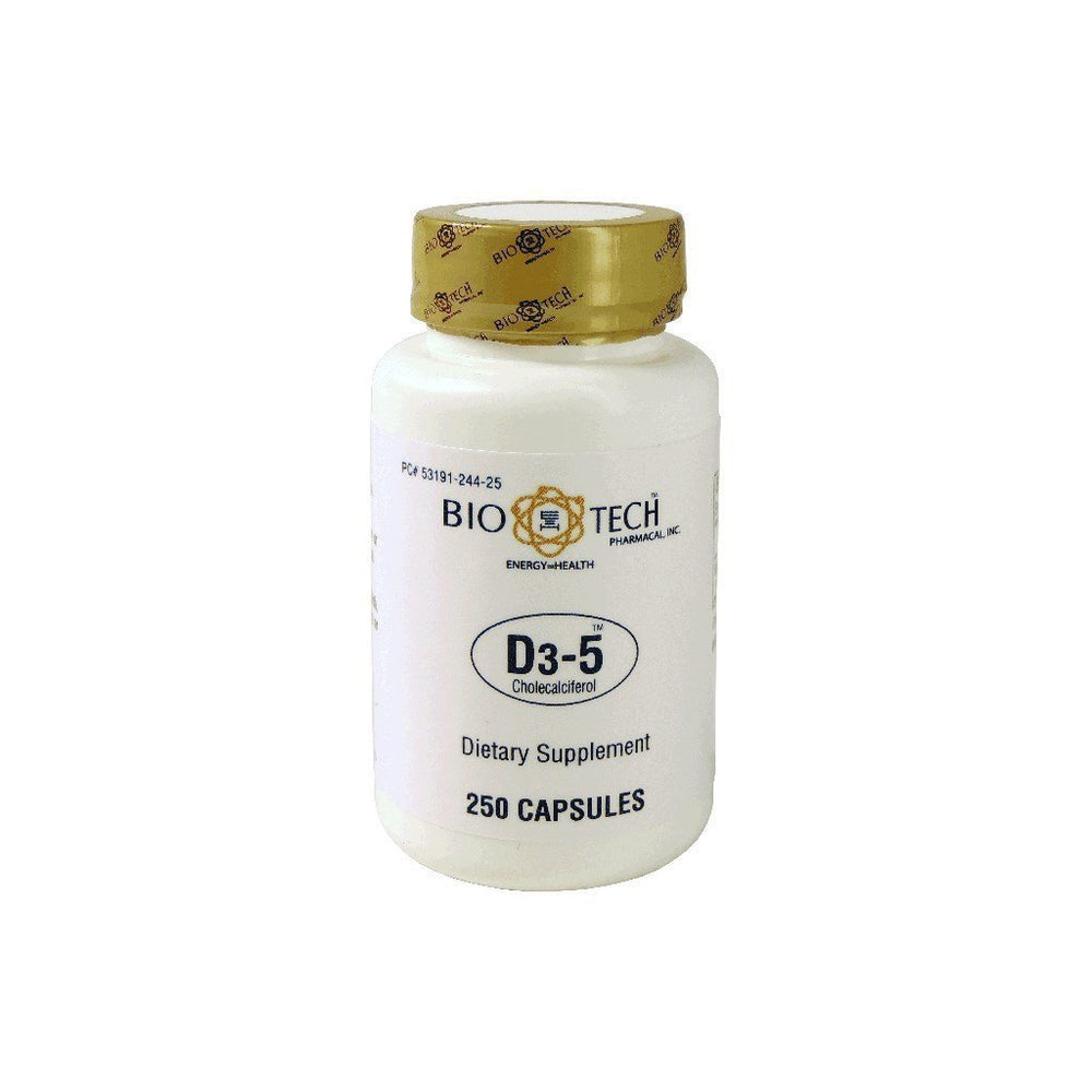 Bio-Tech D3-5 5000 IU Vitamin D3 bottle and capsules