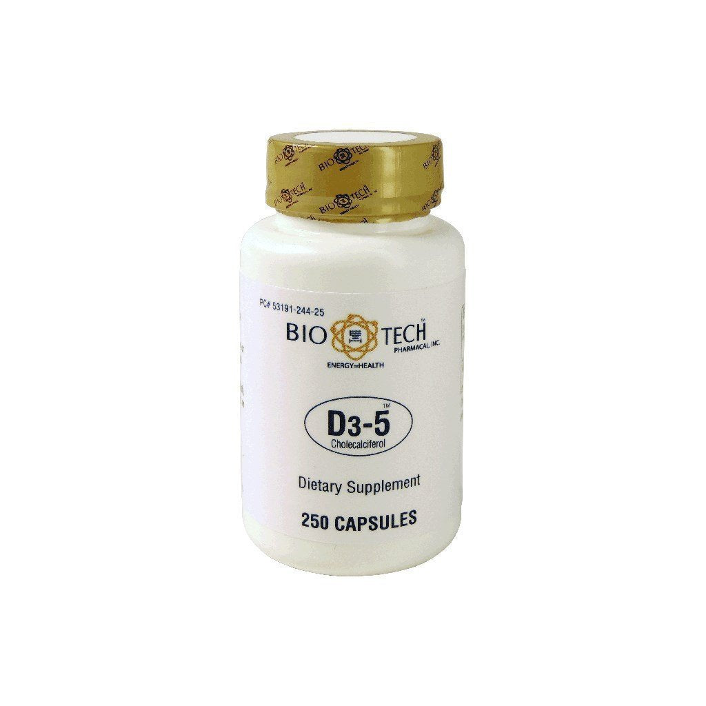 Bio-Tech D3-5 5000 IU Vitamin D3 bottle and capsules