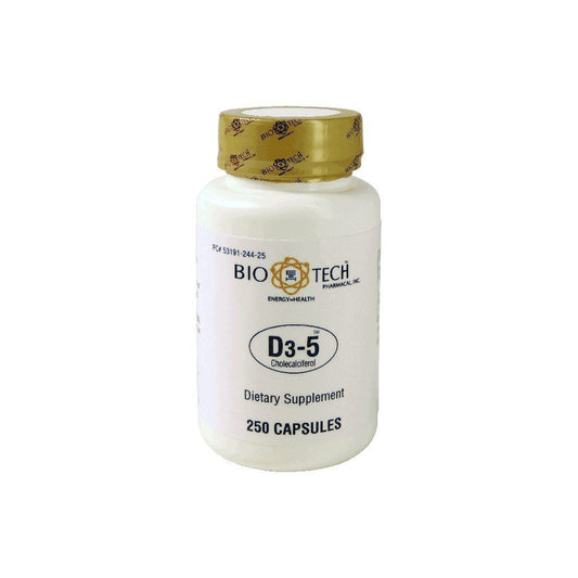 Bio-Tech D3-5 5000 IU Vitamin D3 bottle and capsules