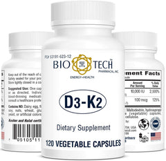 Icons representing bone, cardiovascular, and immune health benefits of Bio-Tech D3-K2 120 Vegcaps
